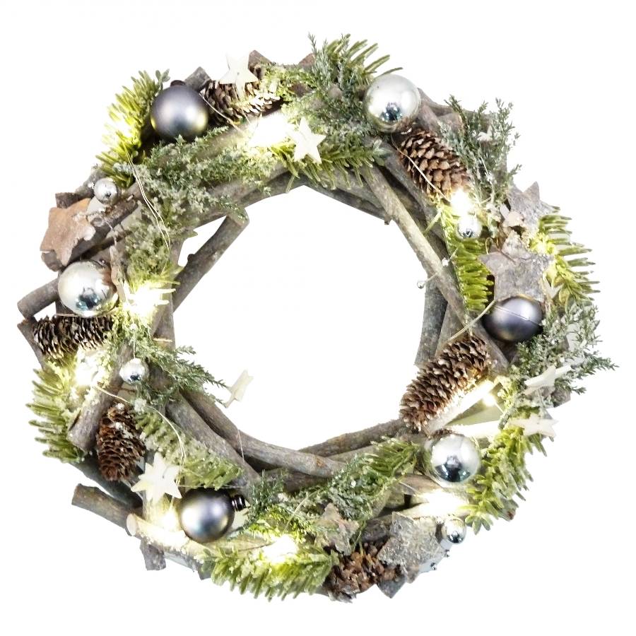 Peha - Couronne de Noël avec étoiles pommes de pin LED Ø.30 x l.7 cm
