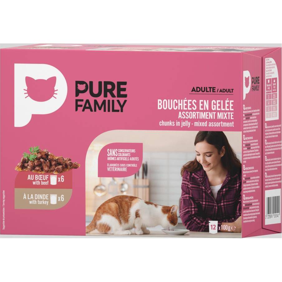 Pure Family - Bouchées en gelée chat bœuf/dinde 12x100g - Pure Family - Image 1