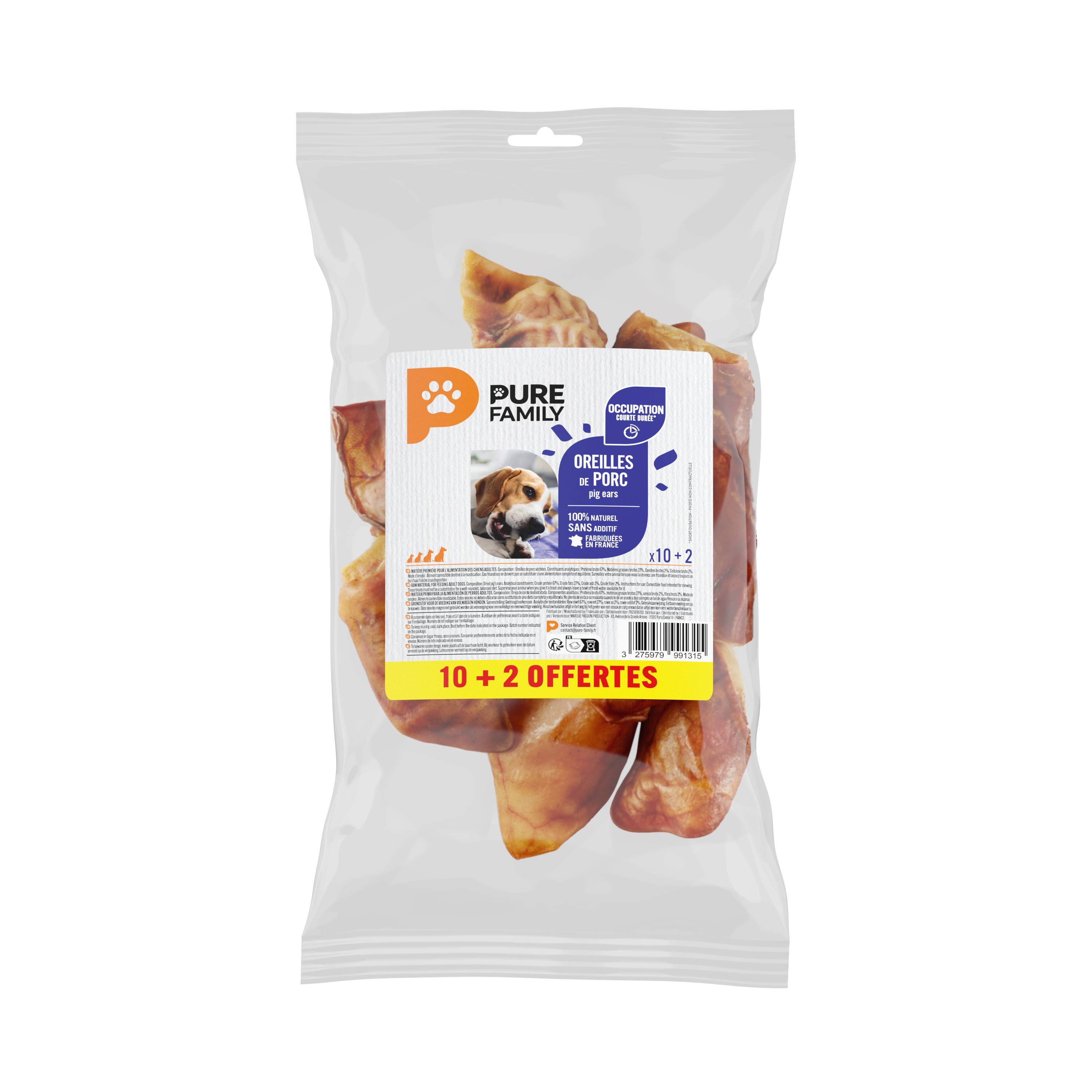 Pure Family - Oreilles de porc à mâcher pour chien x10+2offerts - Pure Family - Image 1