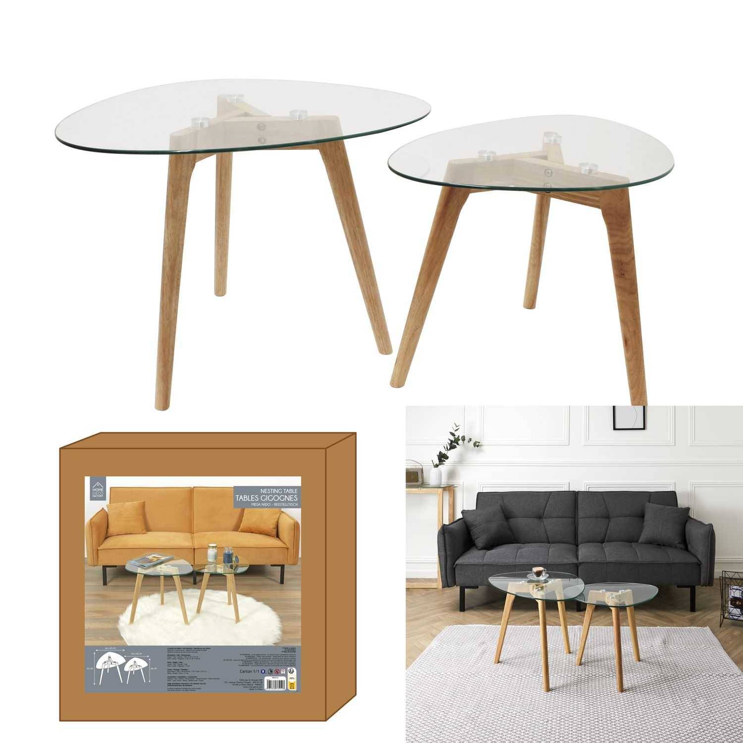 Tables gigognes galets verre trempé transparent L 60 x l 45 x H 43 cm -