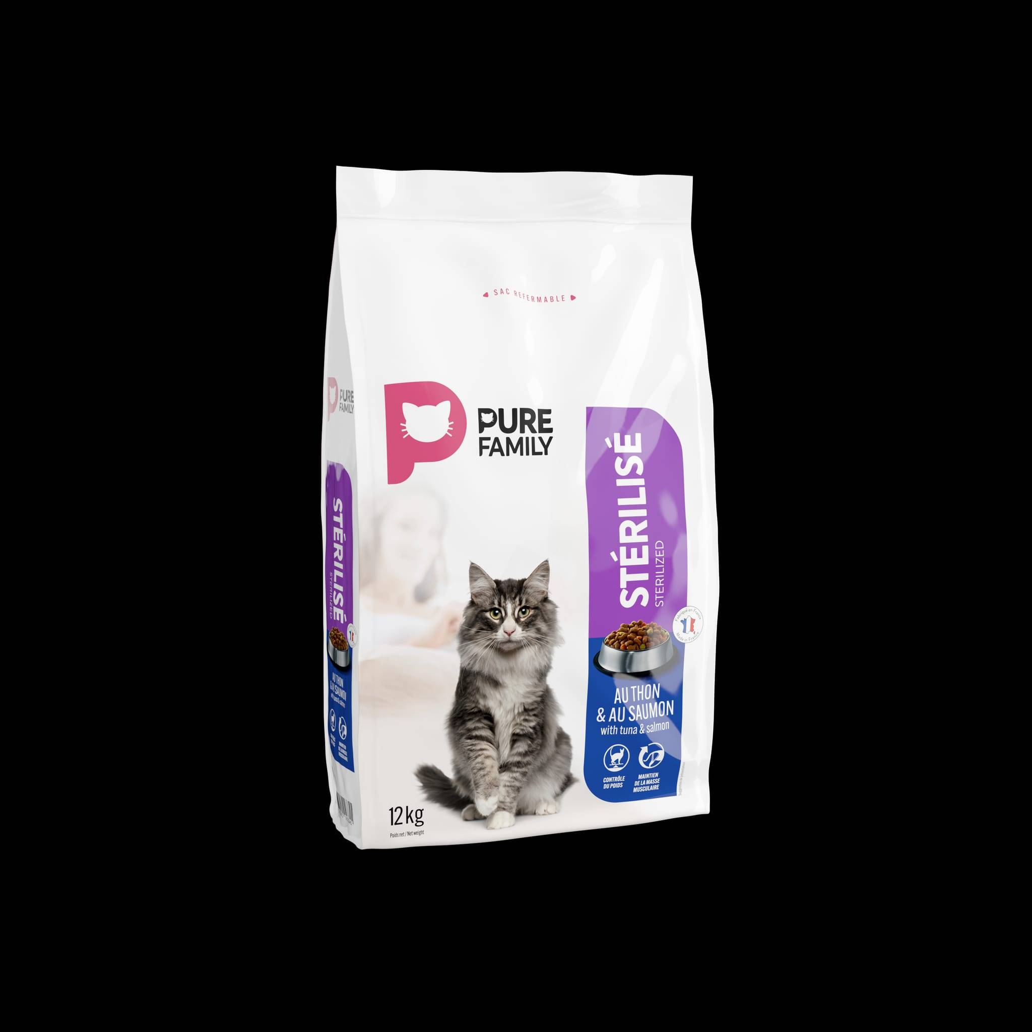 Pure Family - Croquettes chat stérilisé au thon et saumon 12kg - Pure Family