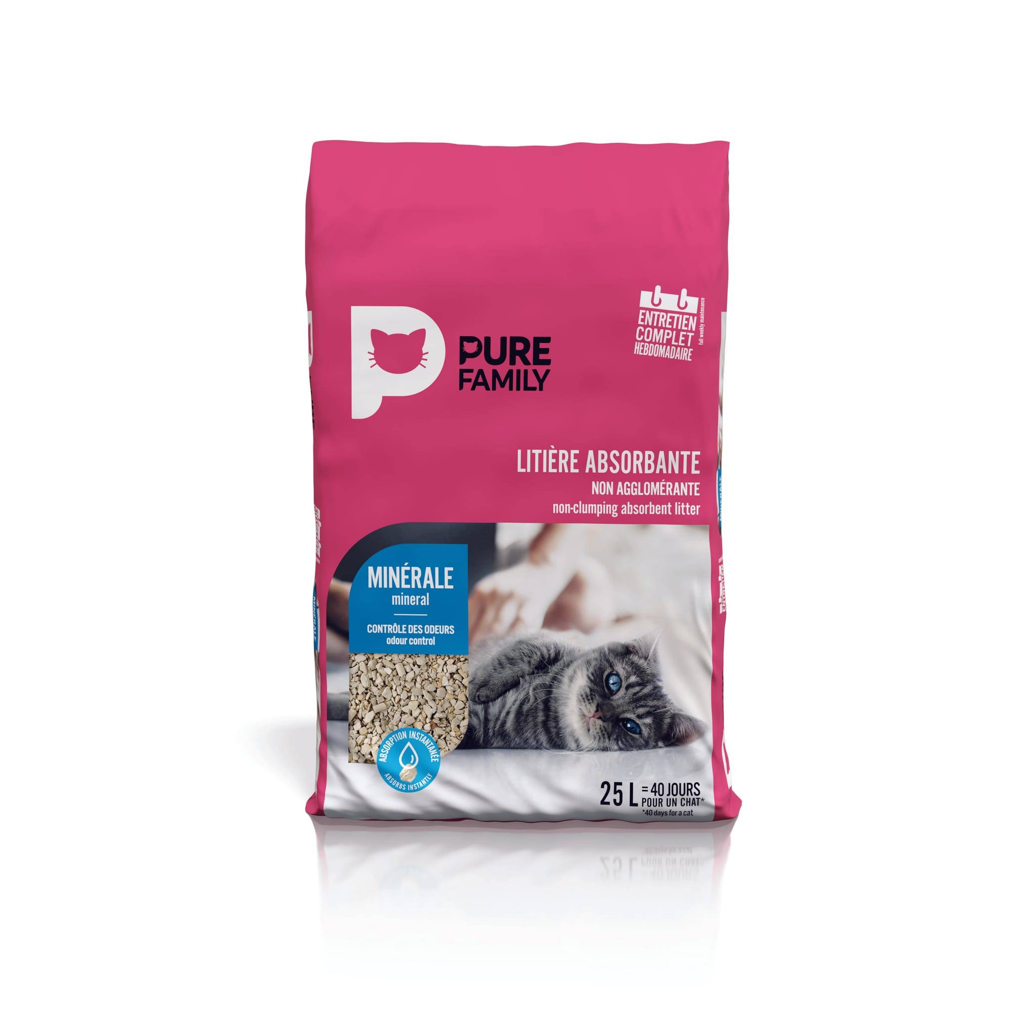 Pure Family - Litière pour chat absorbante minérale non agglomérante 25L- Pure Family