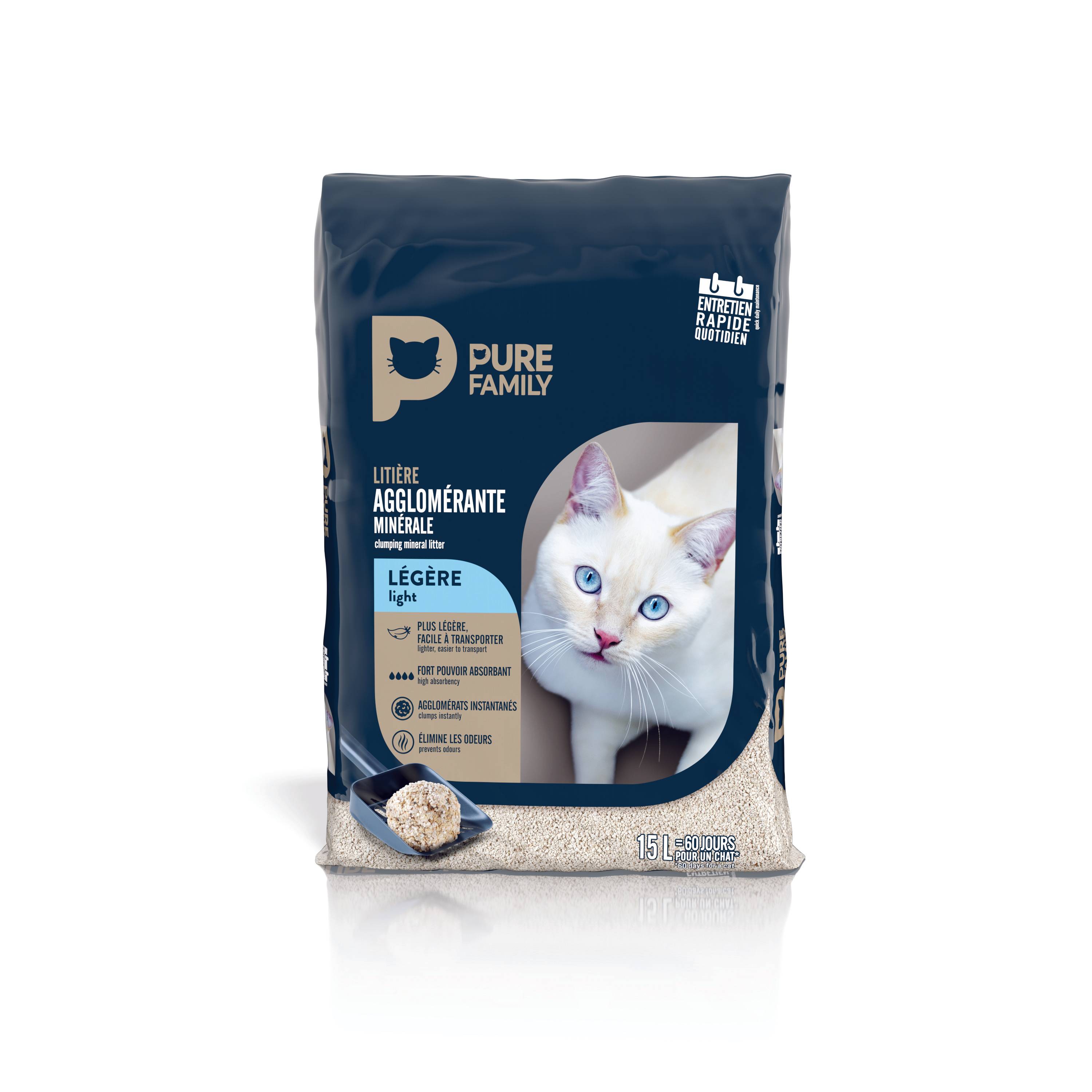 Pure Family - Litière pour chat Agglomérante Minérale Légère 15 L - Pure Family