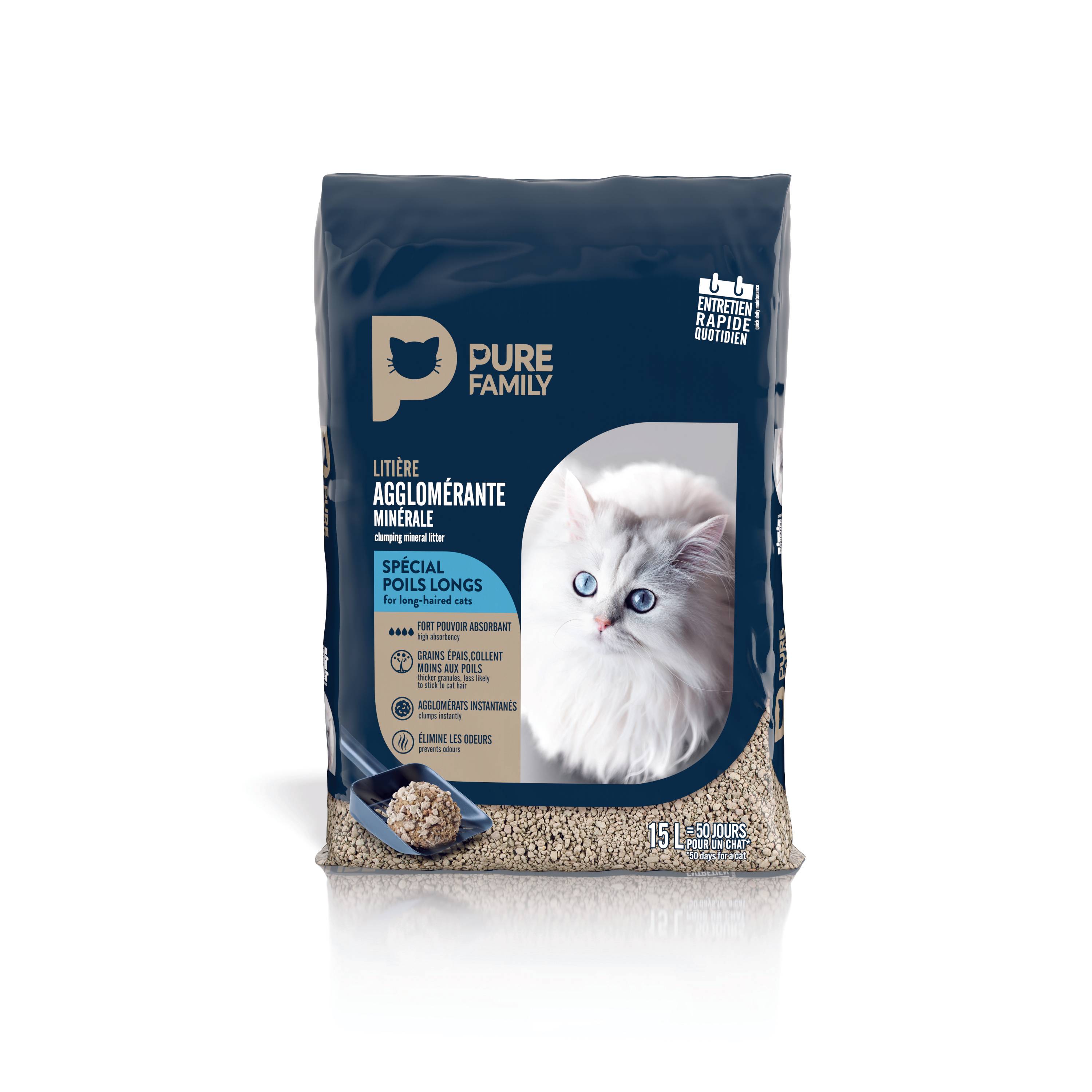 Pure Family - Litière pour chat Agglomérante Spécial Poils Longs 15 L - Pure Family