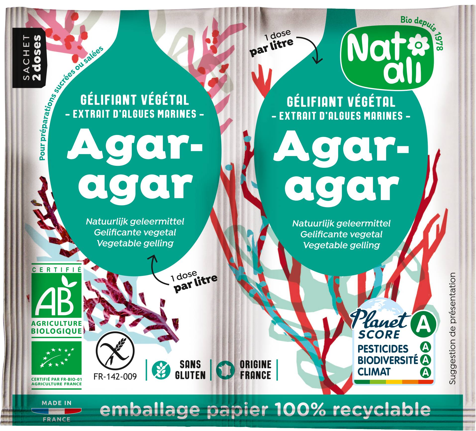 Natali - Gélifiant naturel agar agar bio 120 g - Natali