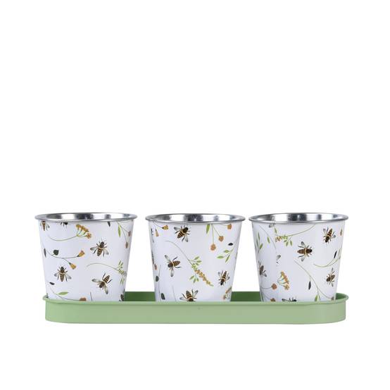 Jardinière 3 pots zinc abeilles 32 x 10,6 x 10,9 cm