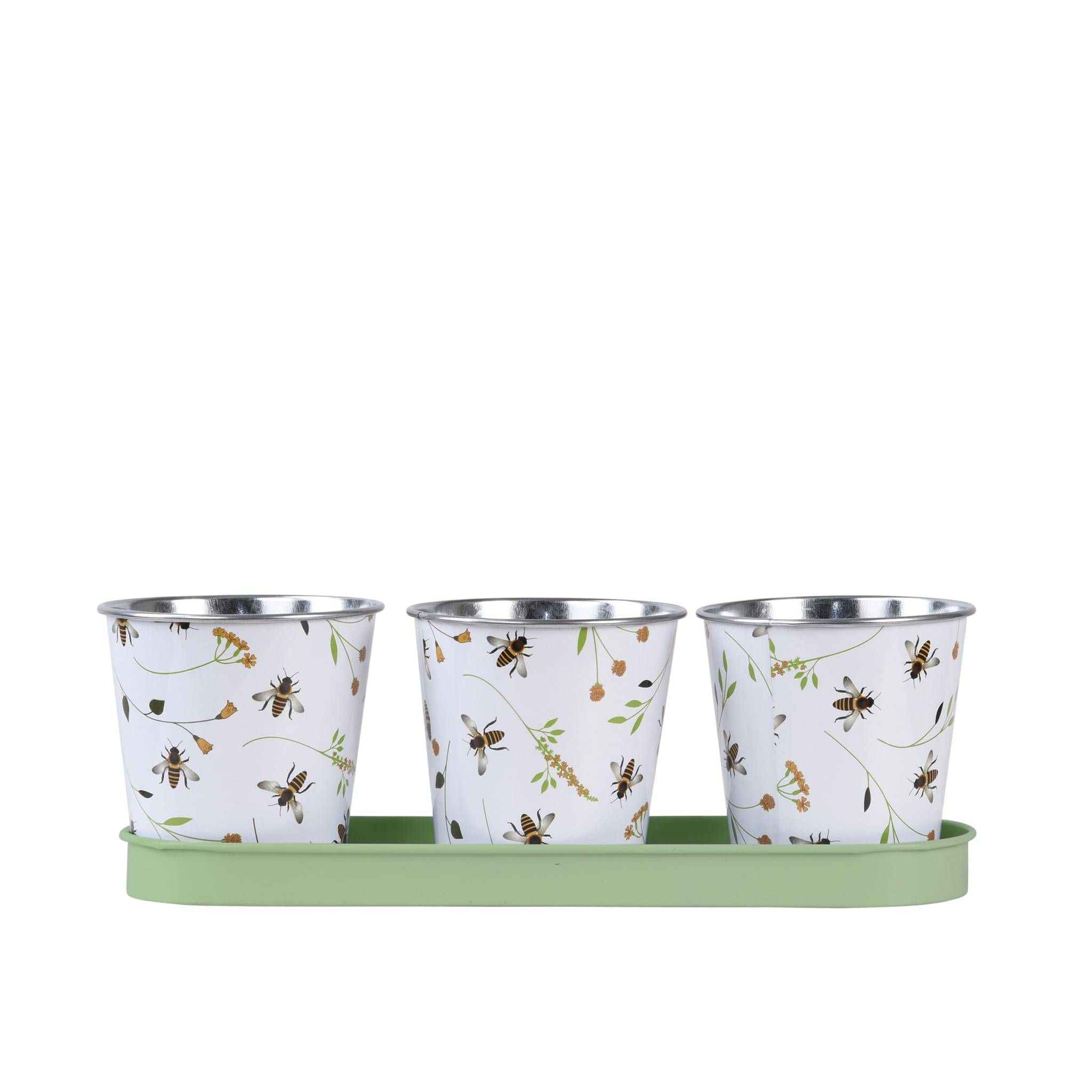 Jardinière 3 pots zinc abeilles 32 x 10,6 x 10,9 cm