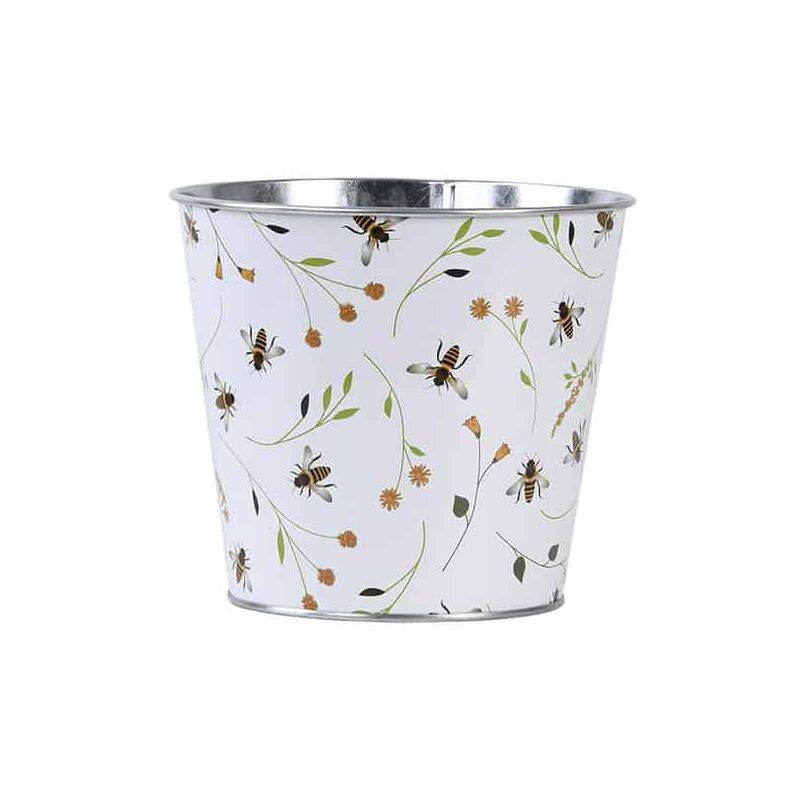 Cache-pot en acier galvanisé blanc Ø16 cm modèle abeilles - Image 1