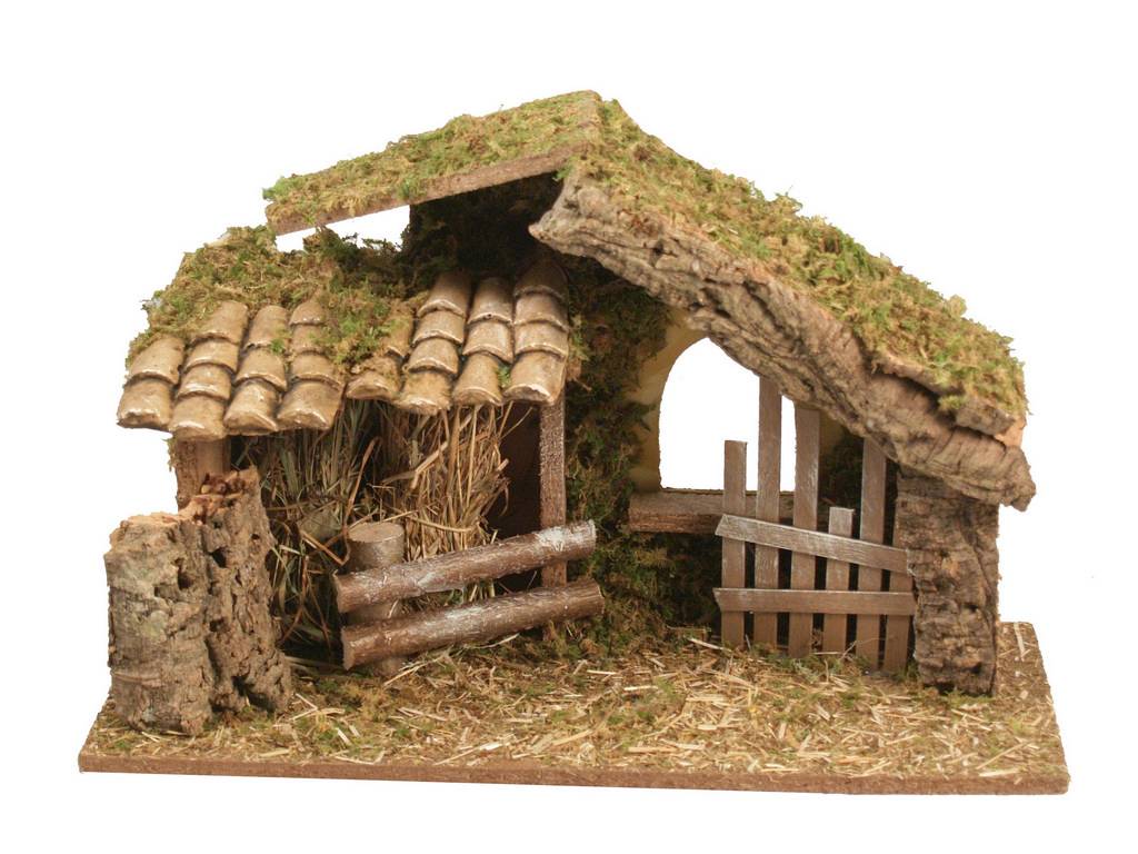 Crèche vide en bois et liège avec tuiles, grange et barrière. - Image 1