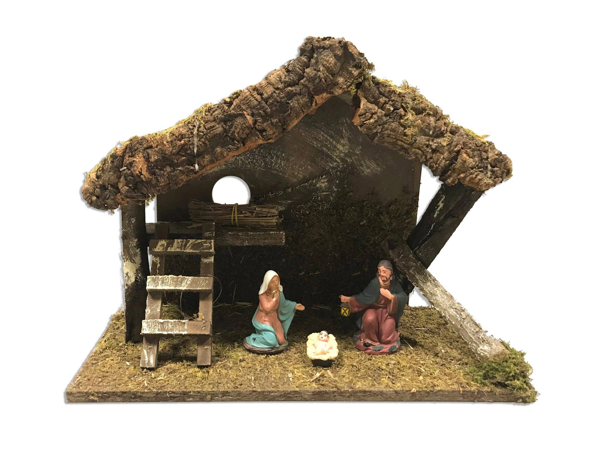 Crèche en bois et liège avec échelle avec santons cm 34x16x25