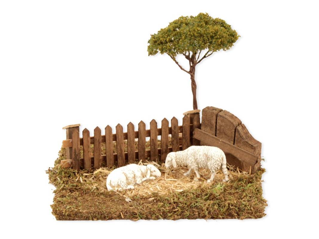 Barrière avec arbre et brebis cm 16x14x14