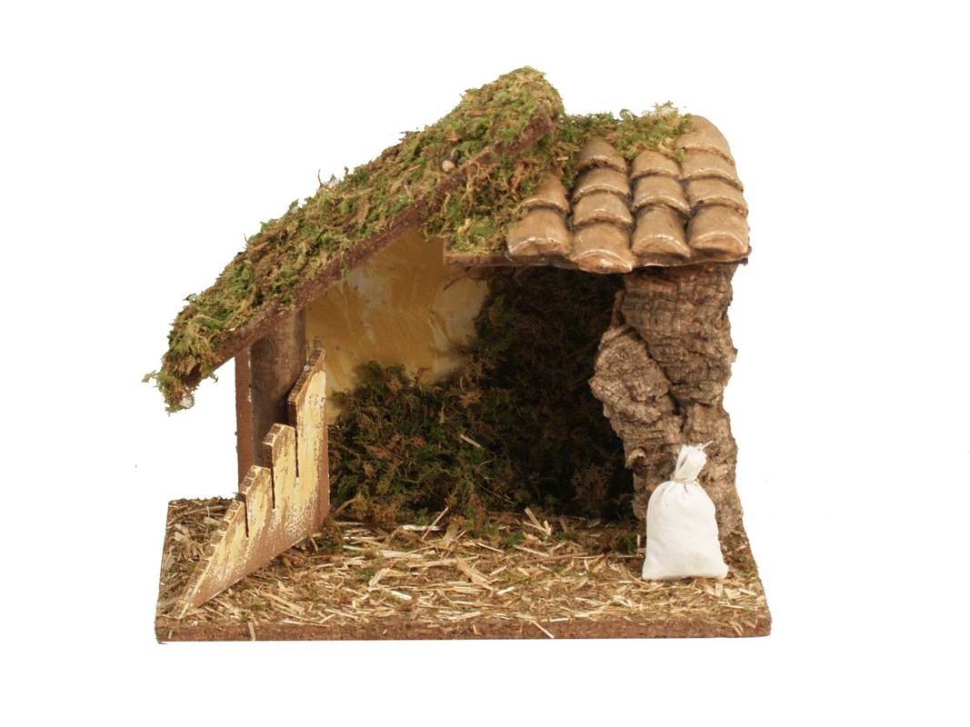 Crèche vide en bois et liège avec tuilles cm 24x14x14