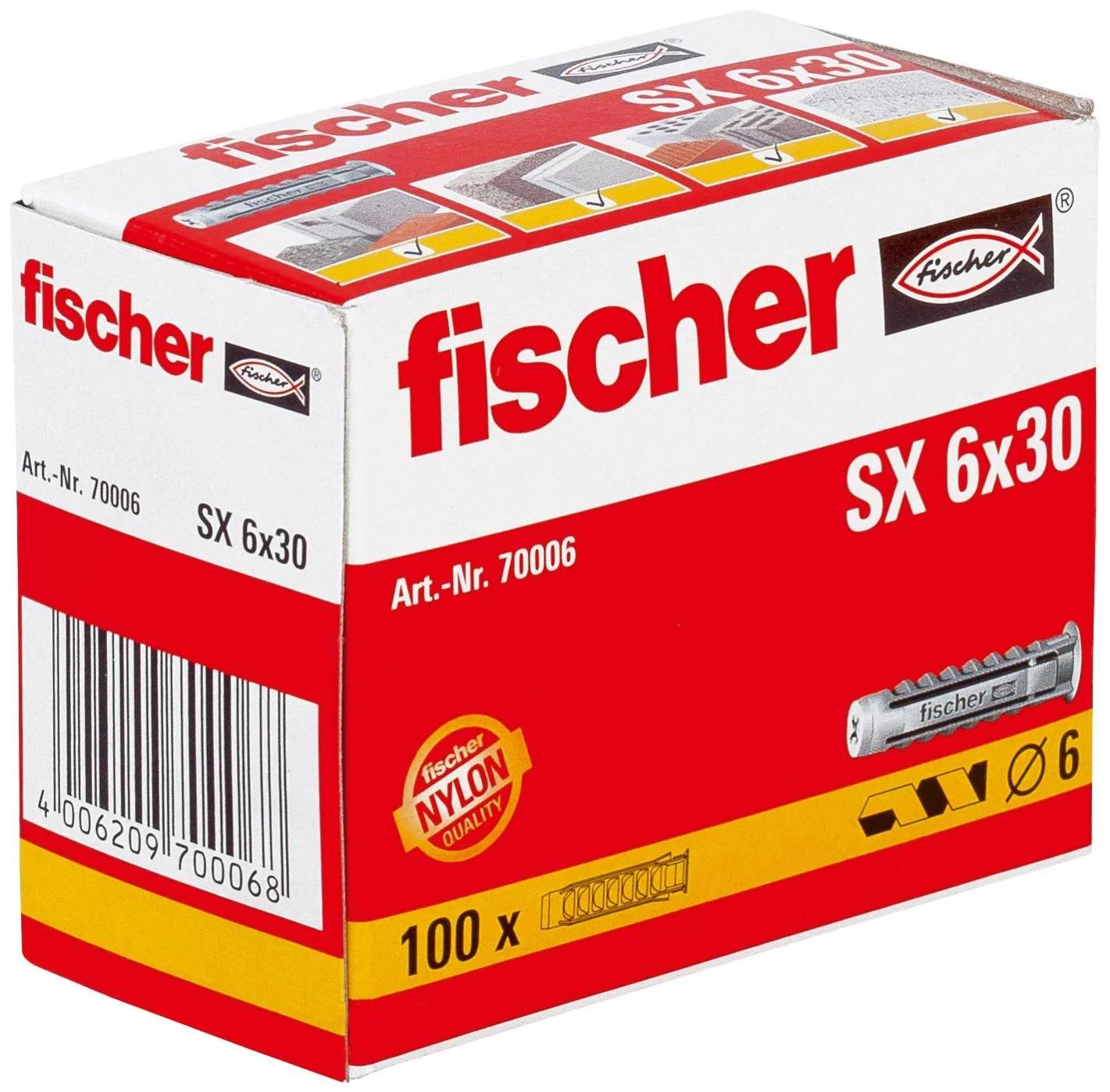 Cheville nylon avec collorette S 6x30 mm boîte de 100 grise - Fischer