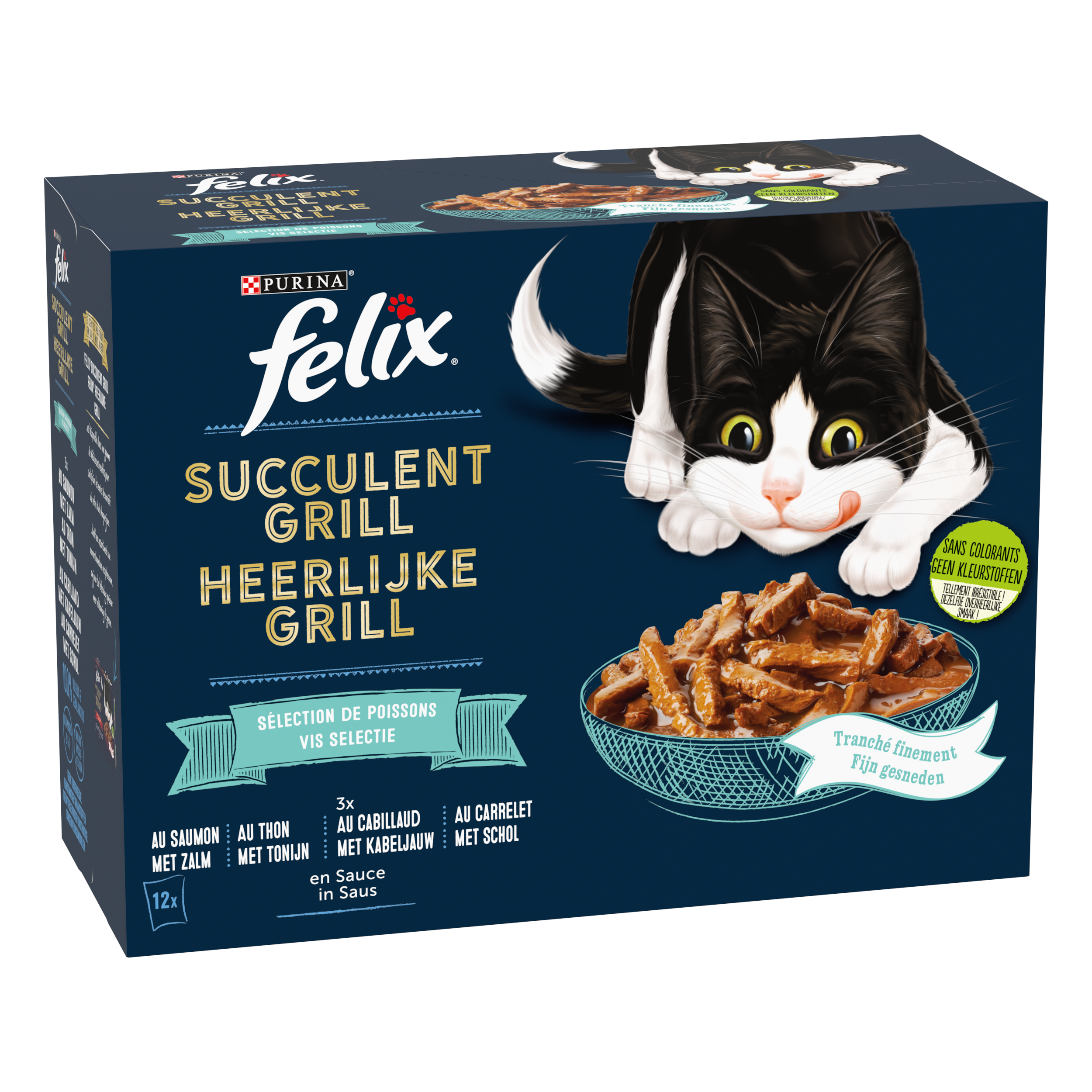 Purina One - Pâtées chat Adulte Succulent Grill Poisson Thon Cabillaud 12x80g – FELIX - Image 1
