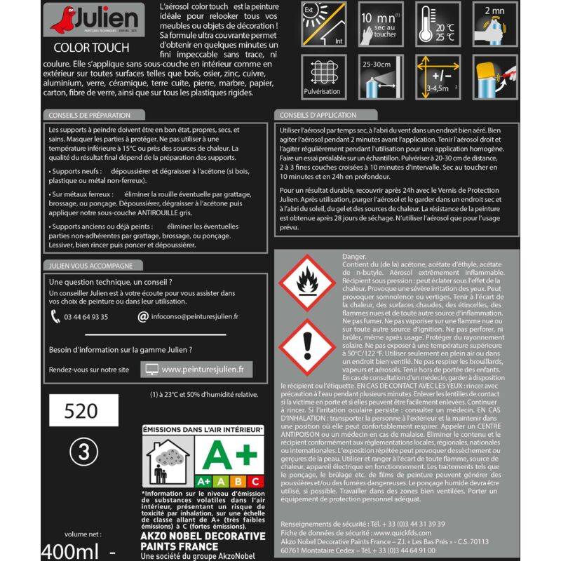 Peinture aérosol Color Touch multi-supports brillant Blanc Neige 400 ml - JULIEN - Image 5