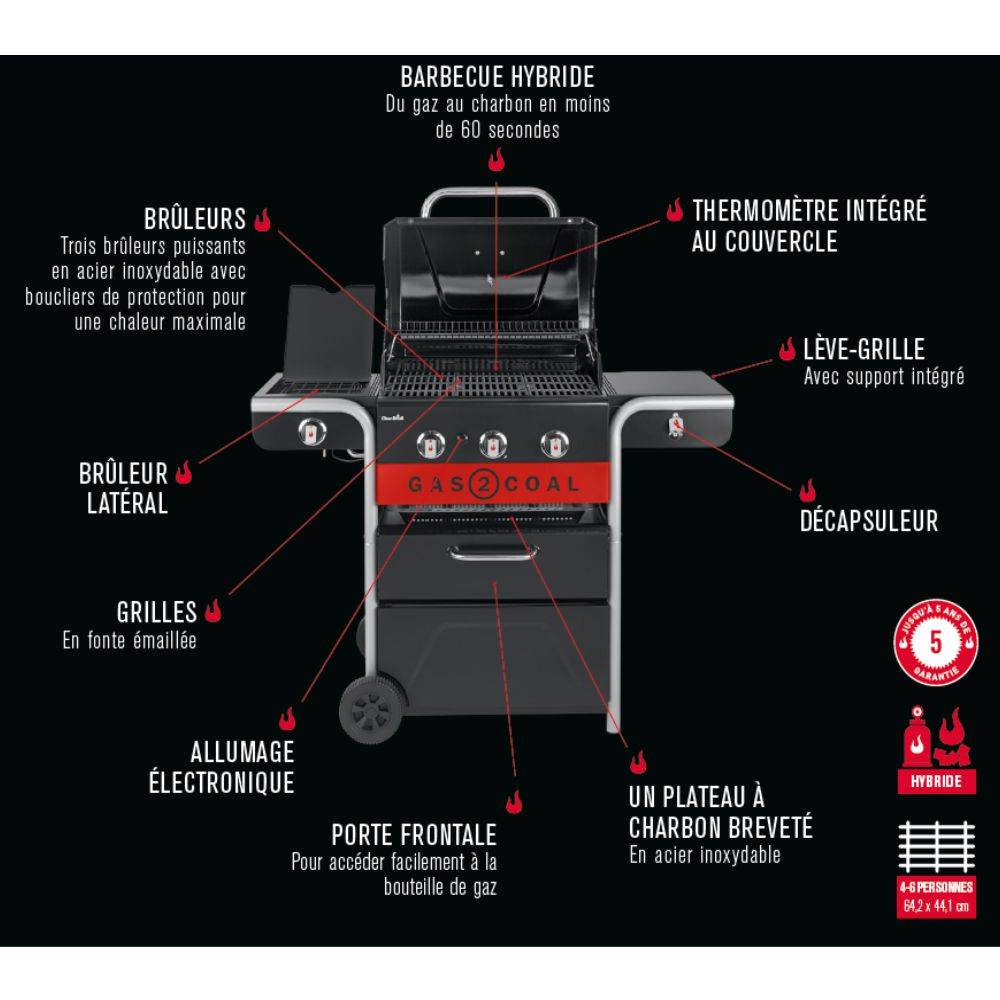 Char-broil - Barbecue Hybride Gaz & Charbon 3 Brûleurs Inox Noir 134 x 62,9 x 116,8 cm - CHAR-BROIL - Image 10