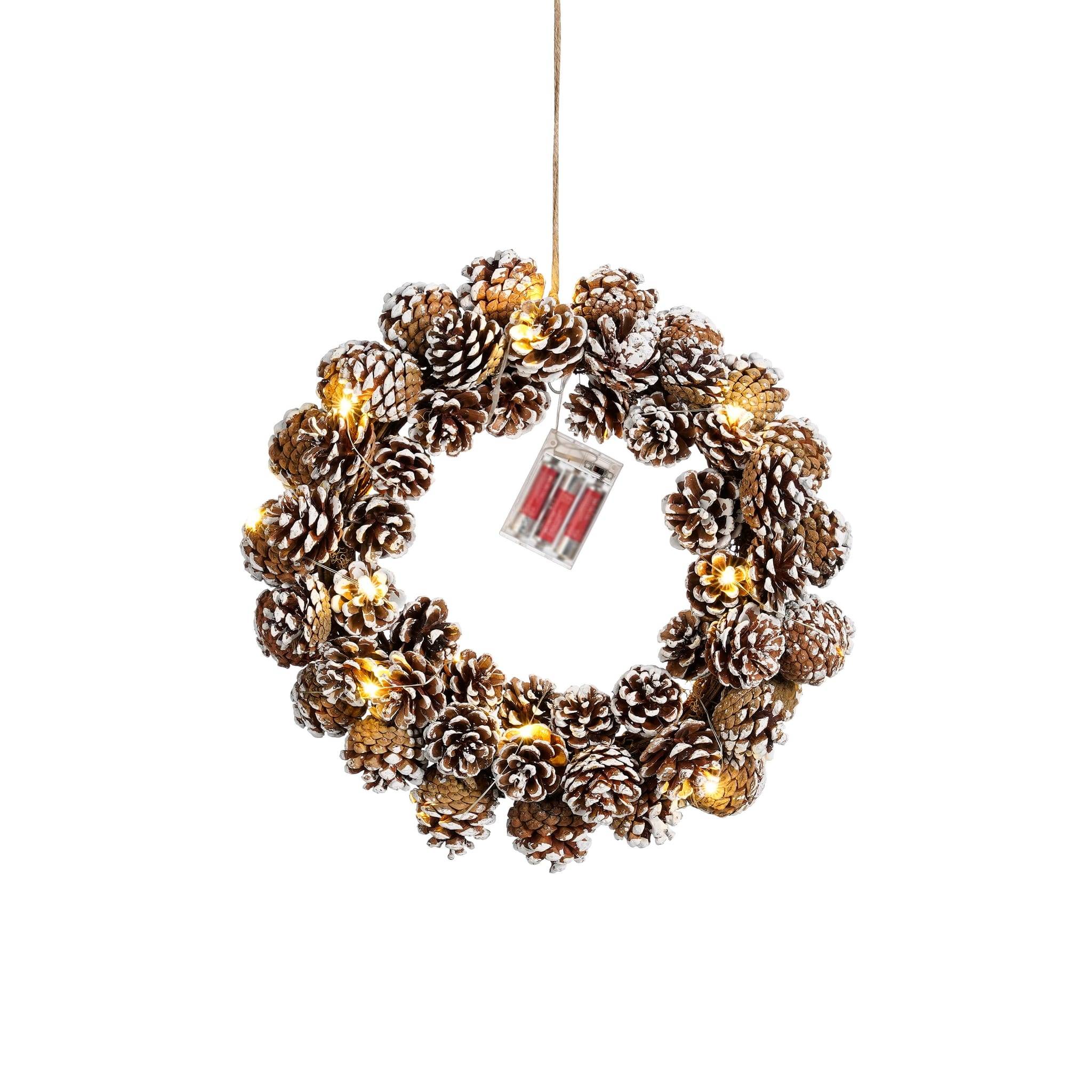 Couronne pomme de pin marron 20led sur batt--Marron- h8xd38cm