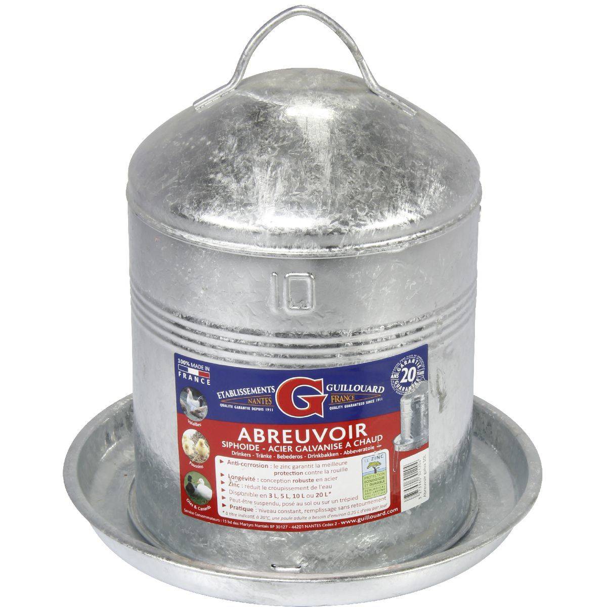 Abreuvoir galvanisé à chaud en métal gris 10L pour poules - Guillouard - Image 2