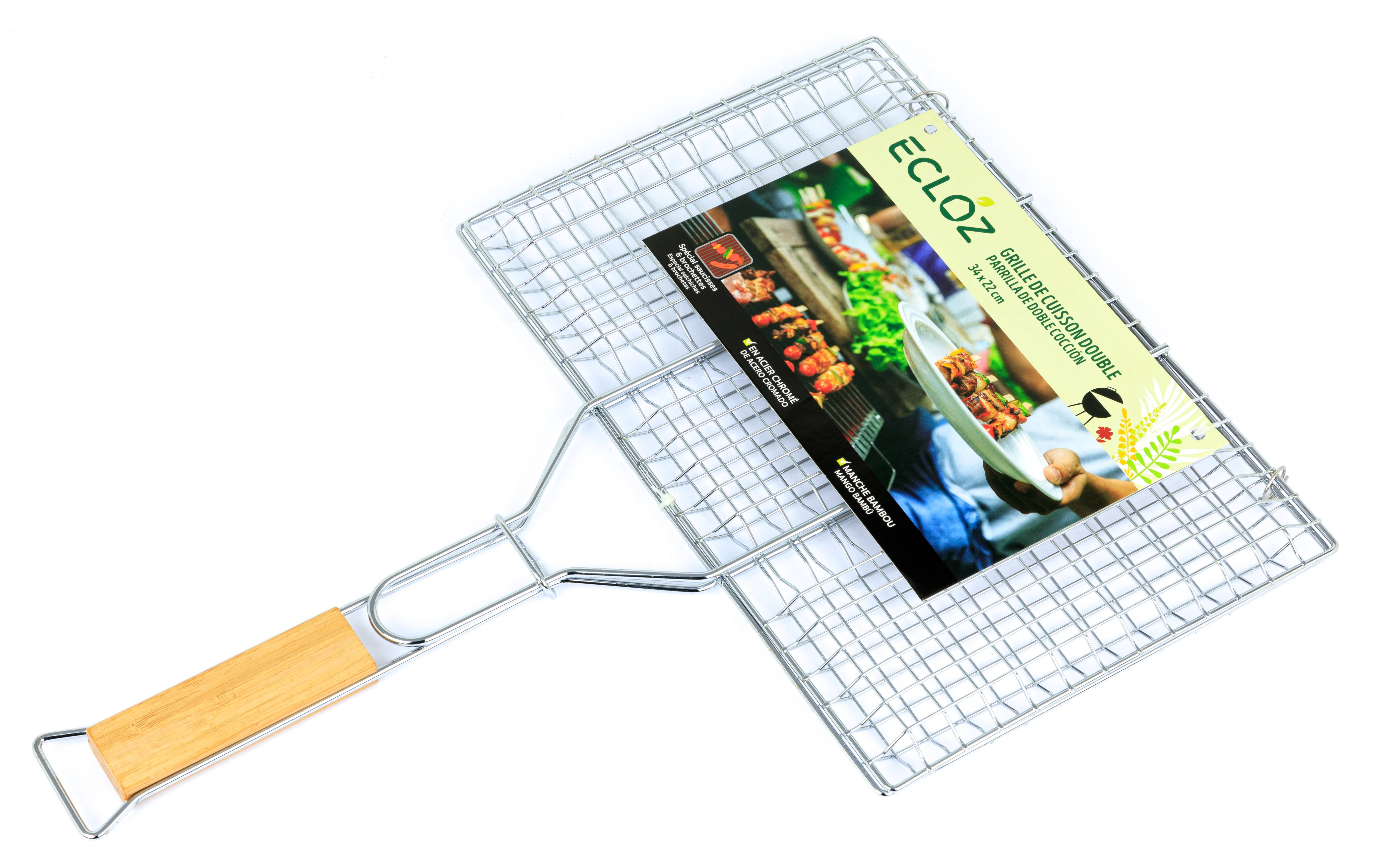 Ecloz - Grille hambugers à saucisses, brochettes 34x22 cm manche bambou