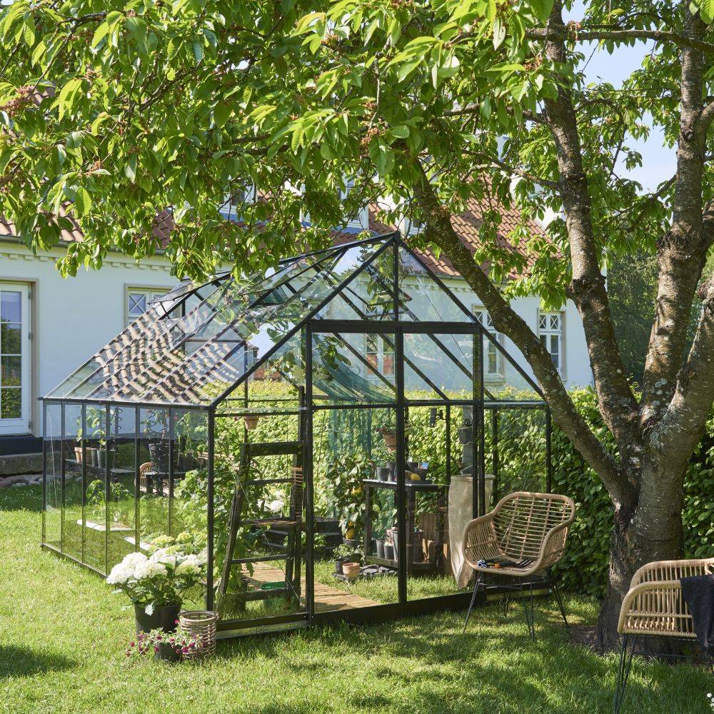 Halls - Serre de jardin verre trempé aluminium noir 9,4 m² Qube 8 - Halls