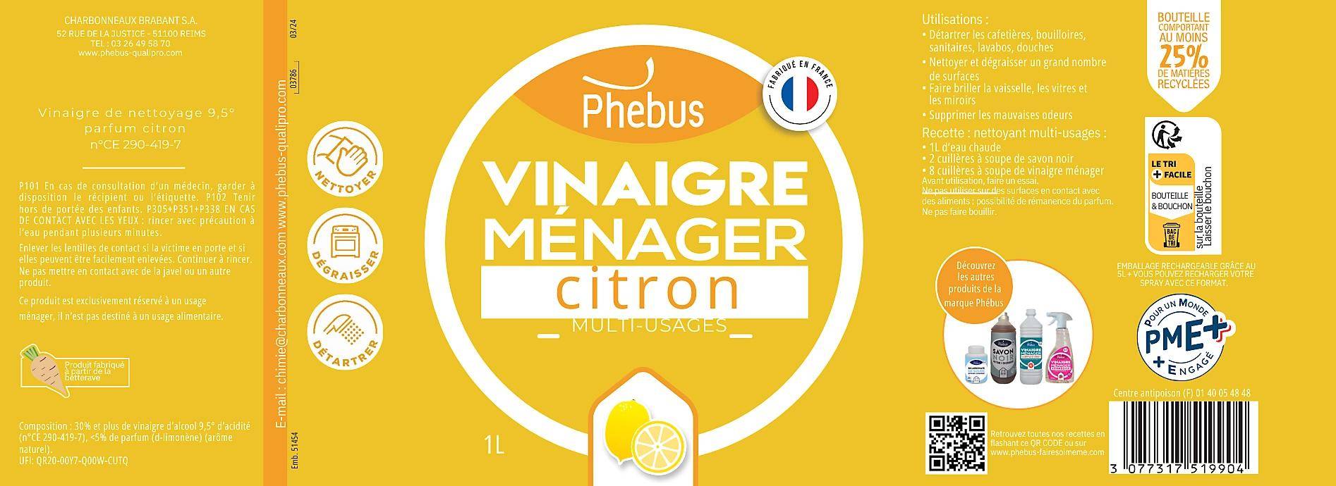Vinaigre ménager nettoyant multi-usages citron L.5.0 cm l.8.0 cm H.7.5 cm - Phebus - Image 3