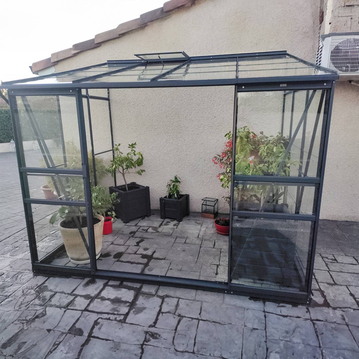 LAMS - Serre de jardin adossée verre trempé aluminium anthracite 4,9 m² Melissa avec embase - Lams - Image 2