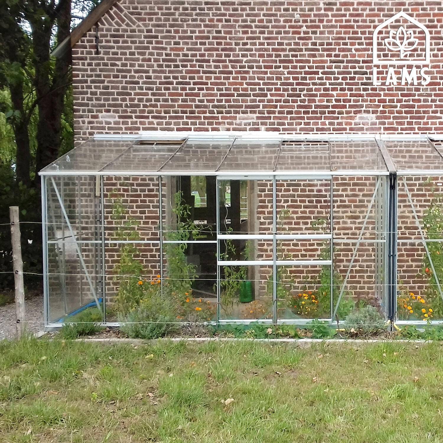 LAMS - Serre de jardin adossée verre trempé aluminium brut 7,2 m² Melissa avec embase - Lams - Image 10