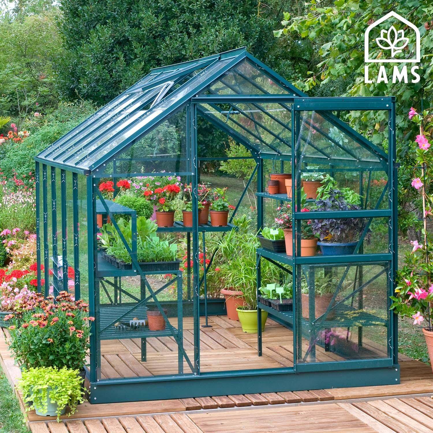 LAMS - Serre de jardin verre trempé aluminium vert 7,3 m² Allium avec embase - Lams - Image 5