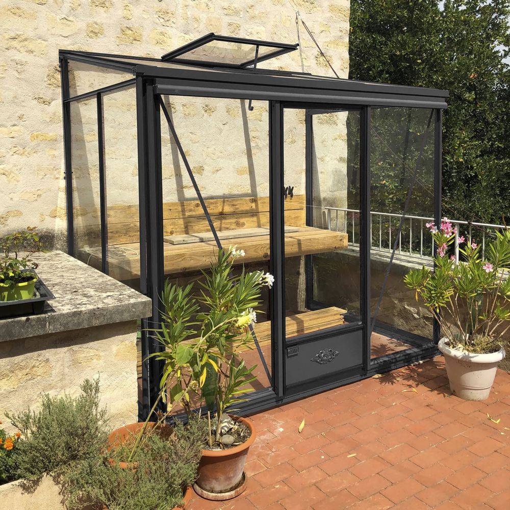LAMS - Serre de jardin adossée verre trempé aluminium anthracite 3,7 m² Luxia avec embase - Lams