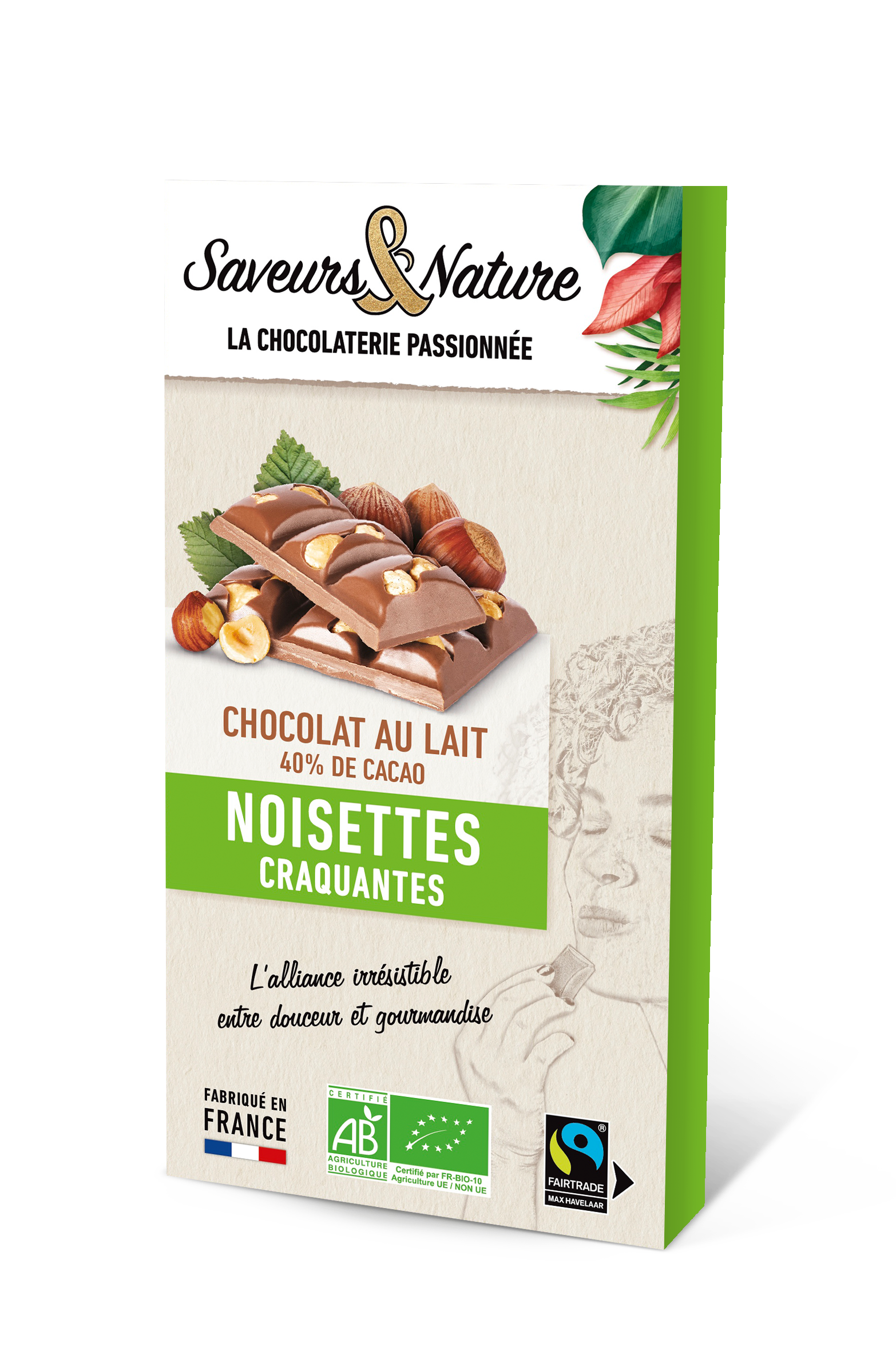 Saveurs et Nature - Tablette de chocolat au lait 40% de cacao noisettes entières 100 g - Saveurs et Nature
