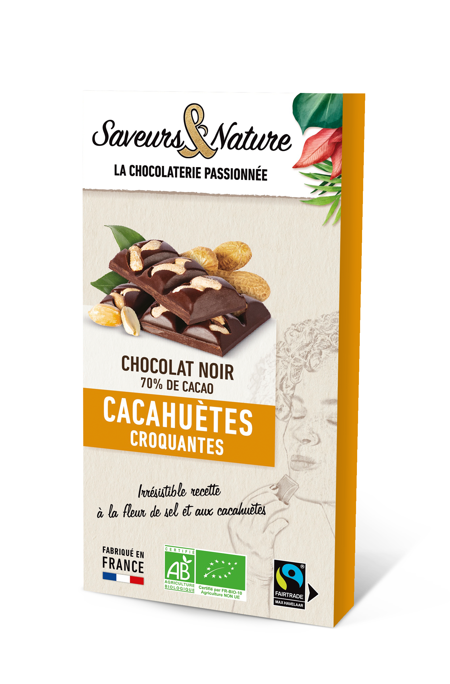 Saveurs et Nature - Tablette de chocolat noir 70% de cacao à la fleur de sel et cacahuètes 100 g - Saveurs et Nature
