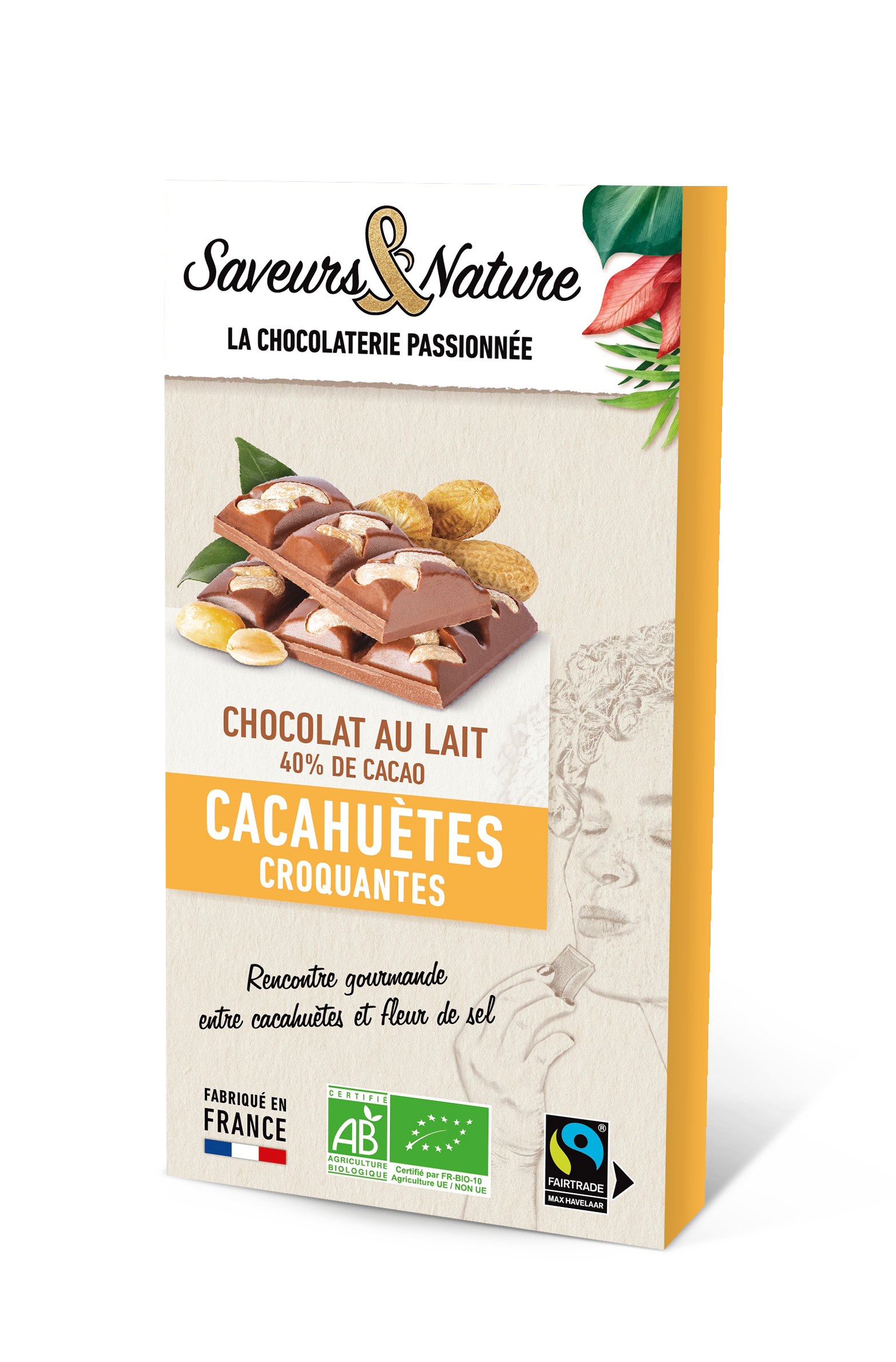 Saveurs et Nature - Tablette de chocolat au lait 40% de cacao à la fleur de sel et cacahuètes 100 g - Saveurs et Nature