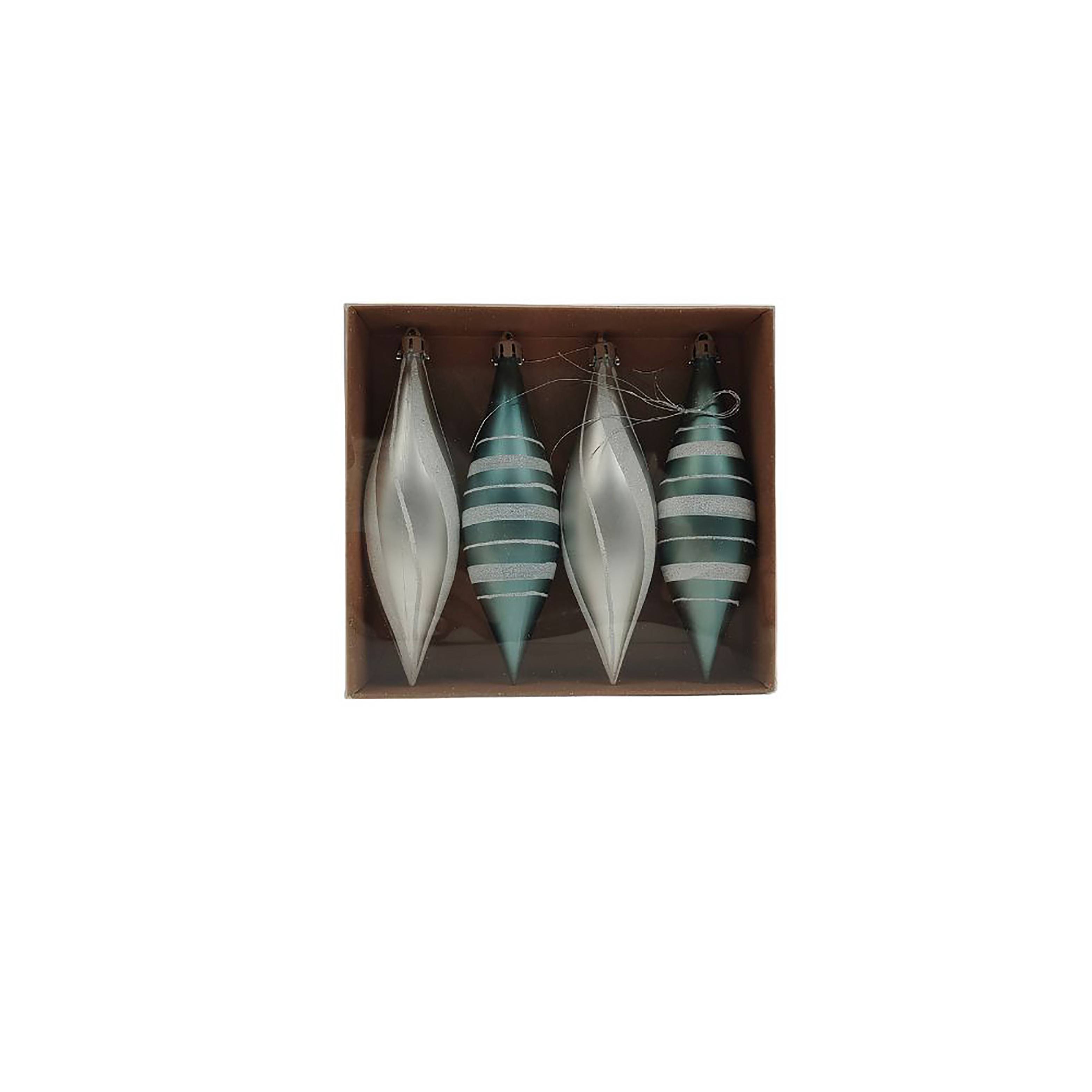 Ecloz - Lot de 4 boules de Noël gouttes - décor givré et turquoise  - H. 14 cm - ECLOZ