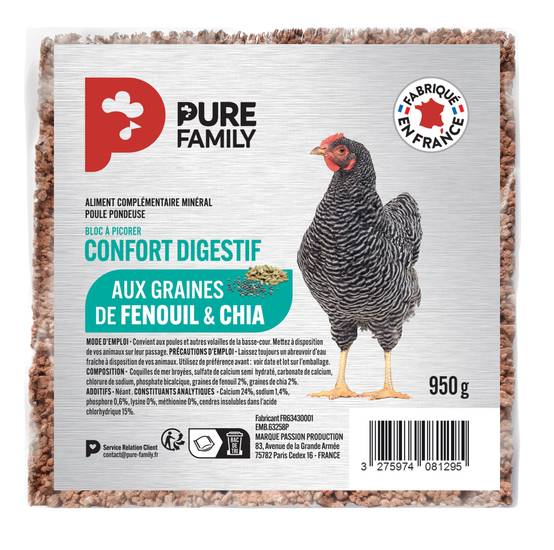 Pure Family - Complément minéral Bloc confort digestif pour poule 950 g - Pure Family