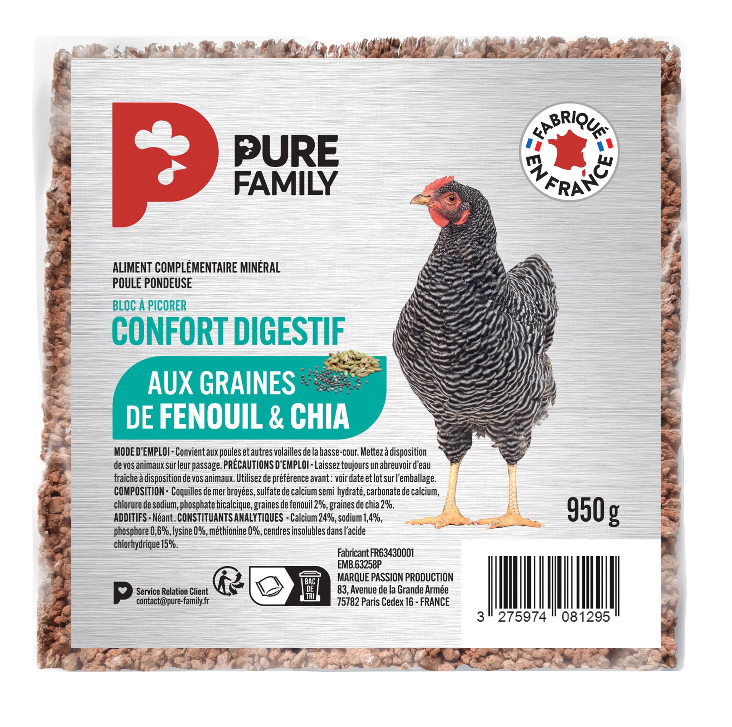 Pure Family - Complément minéral Bloc confort digestif pour poule 950 g - Pure Family