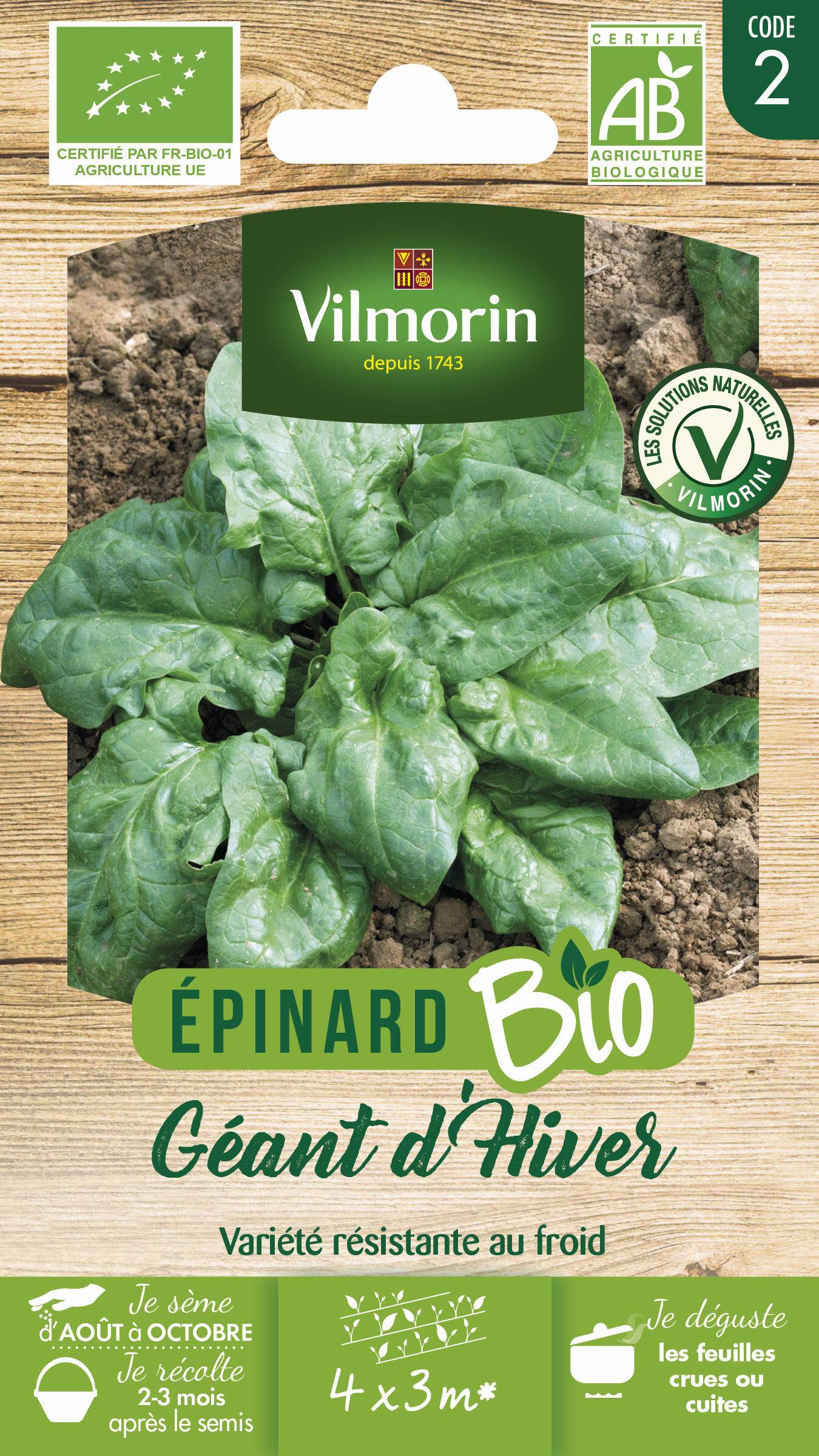 Vilmorin - Epinard géant d'hiver Bio série 2 sachet graines 10 g - Vilmorin