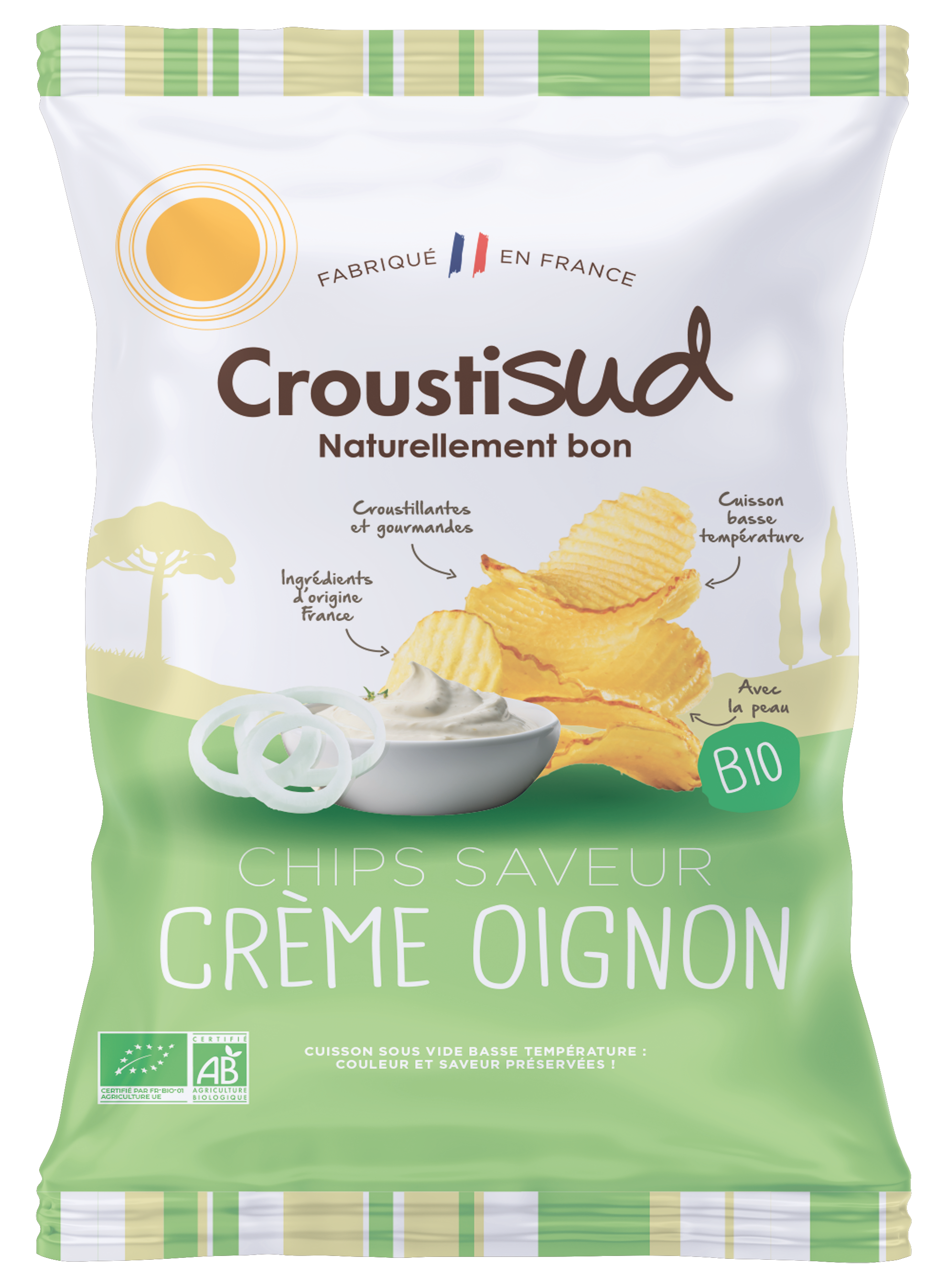 Croustisud - Chips bio de pommes de terre  saveur crème oignon 100 g - Croustisud