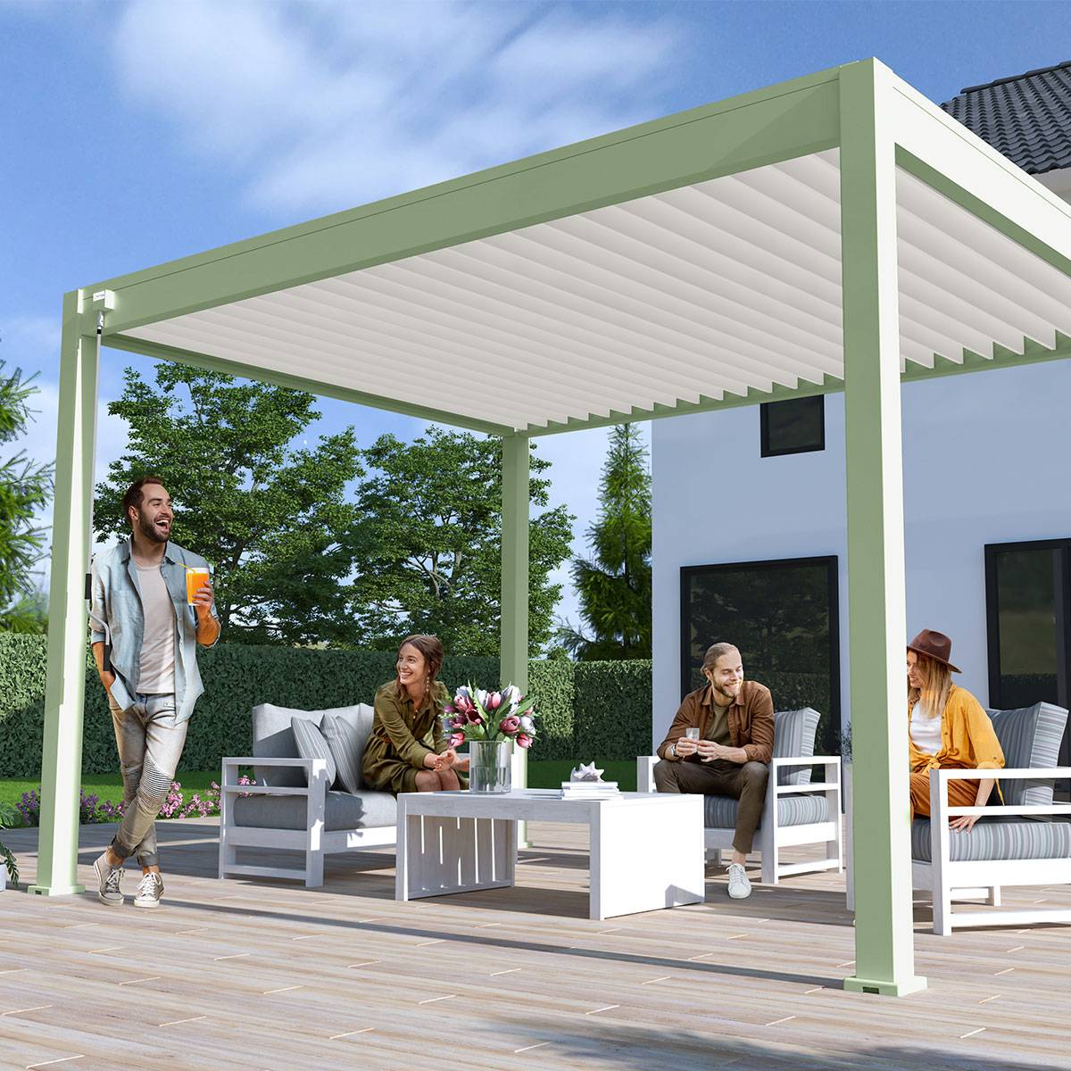 Pergola bioclimatique autoportante 3x4m Ombrea vert jade / blanc - Image 3