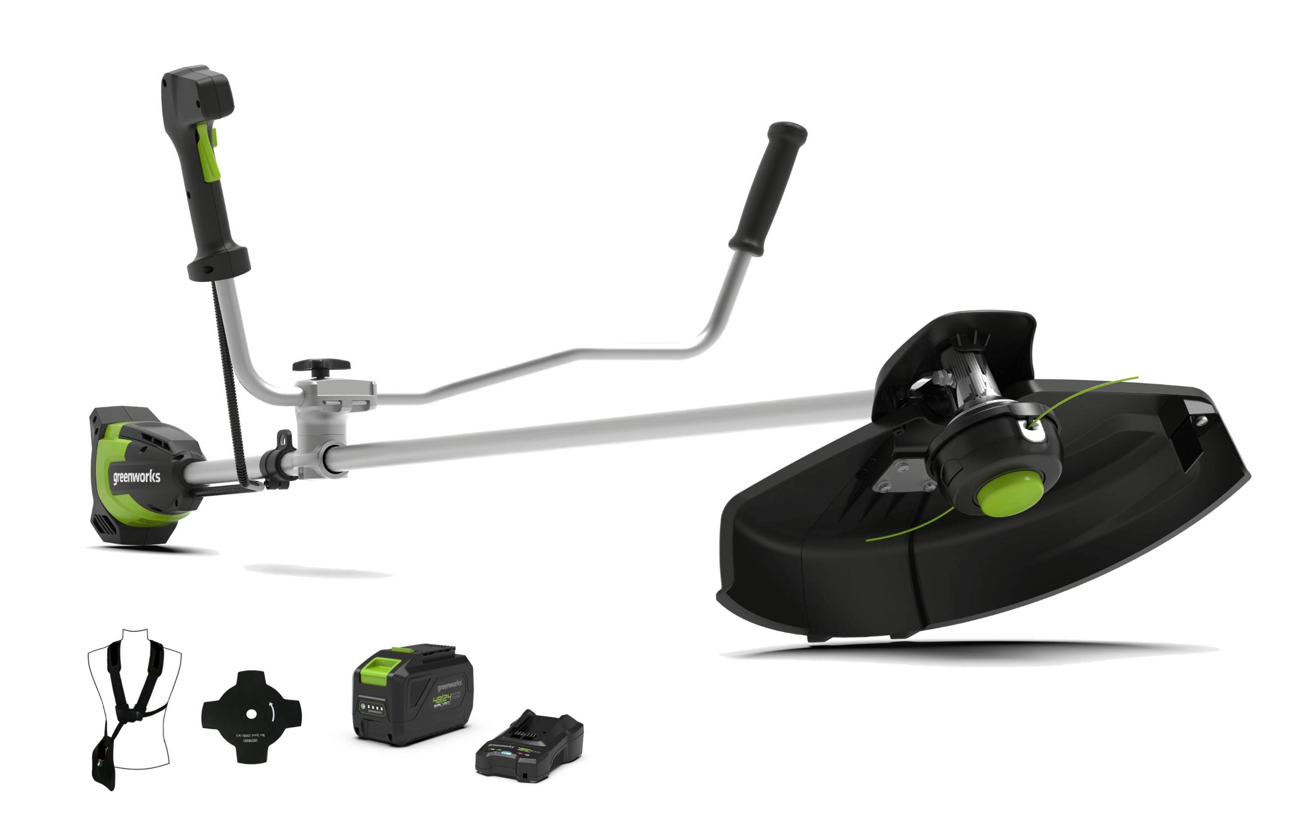 Greenworks - Débroussailleuse 48V BRUSHLESS + 1 batterie 2Ah 48V + 1 chargeur + harnais double - GREENWORKS