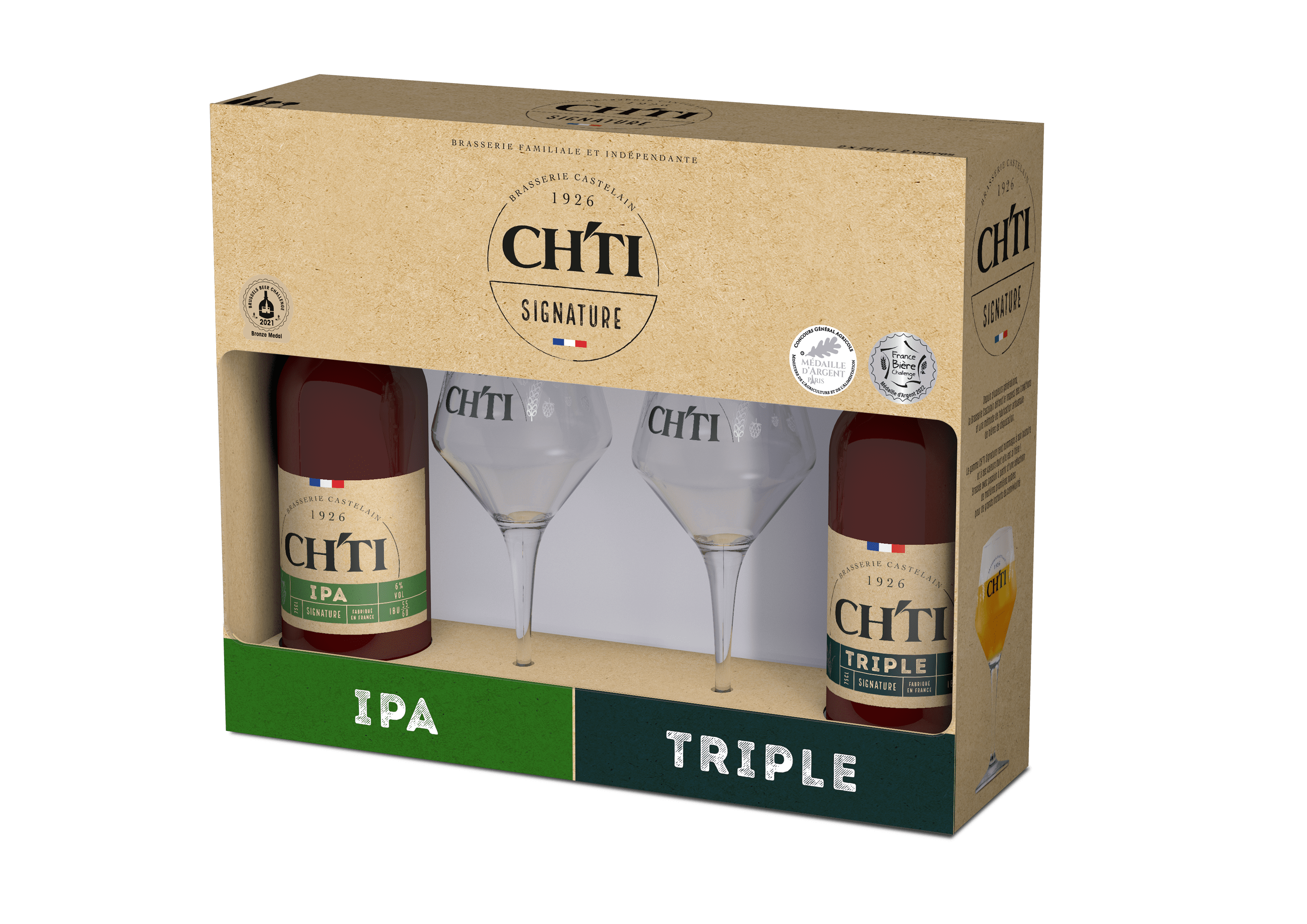 Chti - Coffret bières 2 x 75 cl + 2 verre "Ch'ti" - Brasserie Castelain