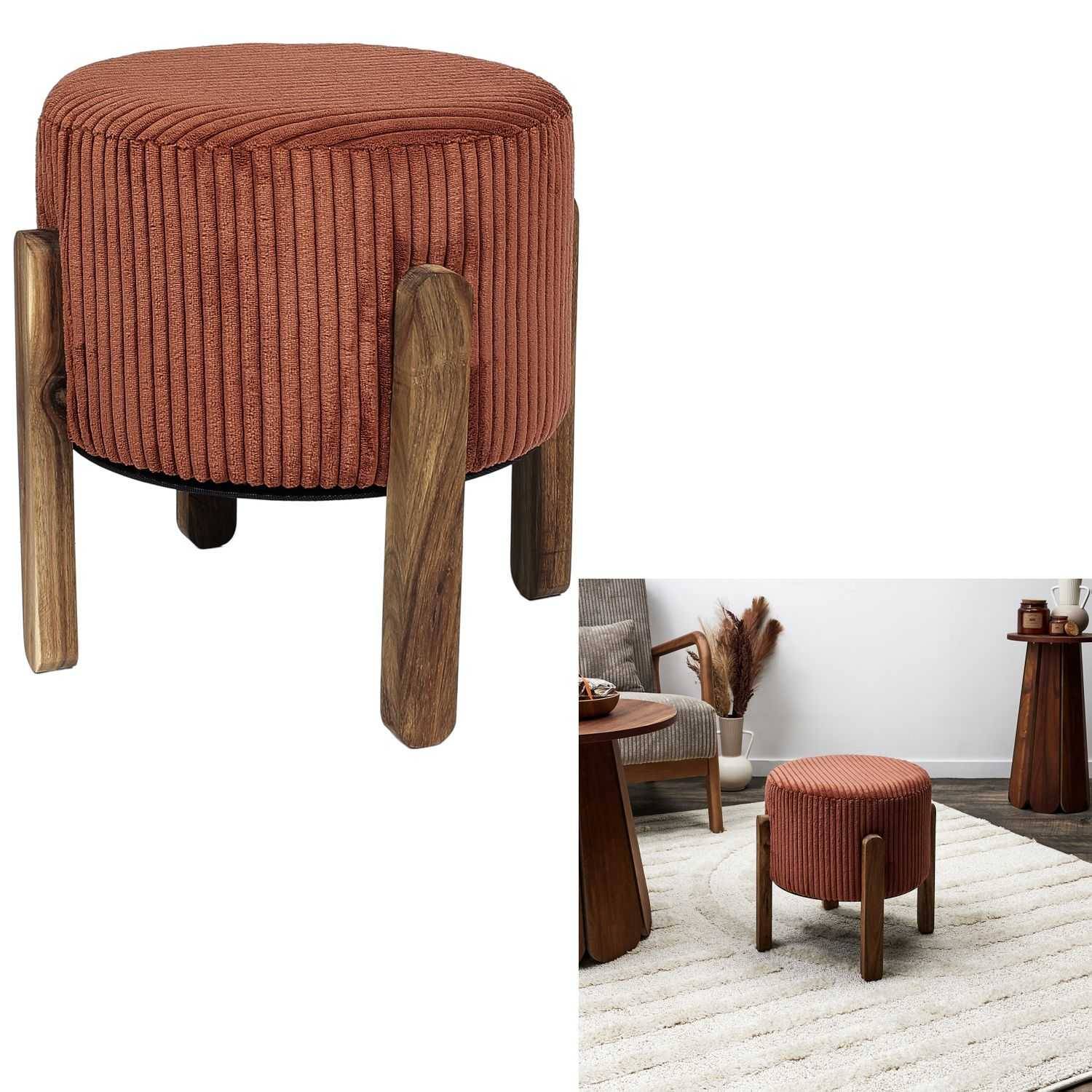 Tabouret rond côtelé en polyester terracotta Ø35xH.35 cm modèle Scott - Terracotta - Image 1