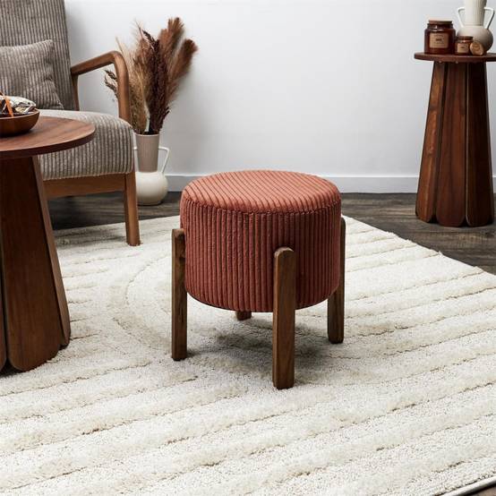 Tabouret rond côtelé en polyester terracotta Ø35xH.35 cm modèle Scott - Terracotta - Image 6