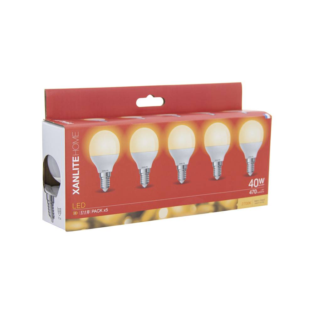 xanlite - Lot de 5 ampoules SMD LED P45 Opaque, culot E14, 470 Lumens, équivalence 40W, 2700K, Blanc chaud - Image 1