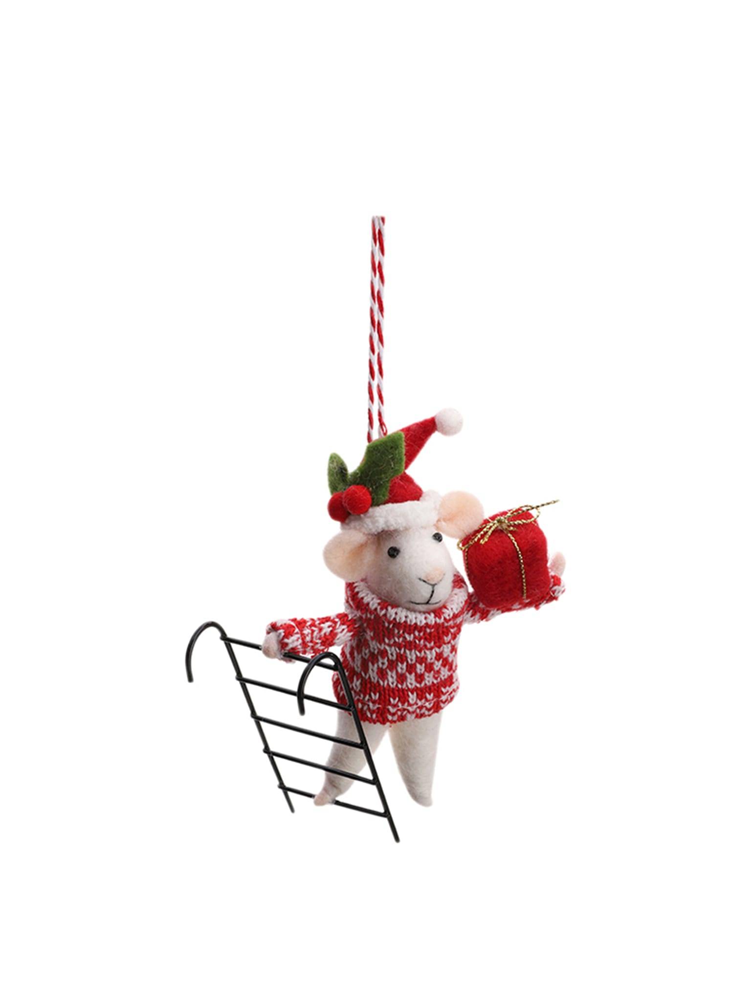 Suspension décorative de Noël - souris sur son échelle en laine et mousse - ECLOZ