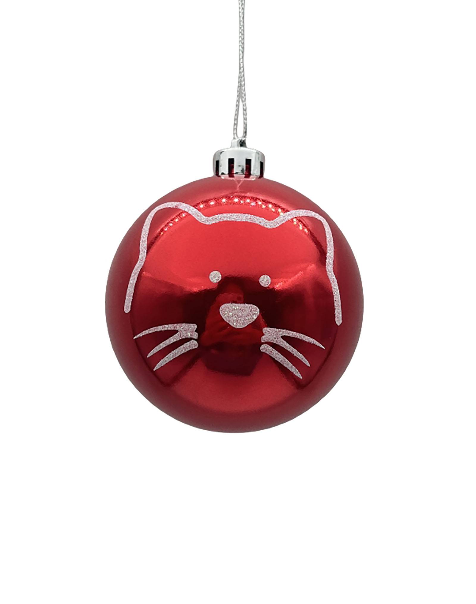 Boule de Noël rouge décor chat blanc en plastique Ø 8 cm - ECLOZ - Image 1