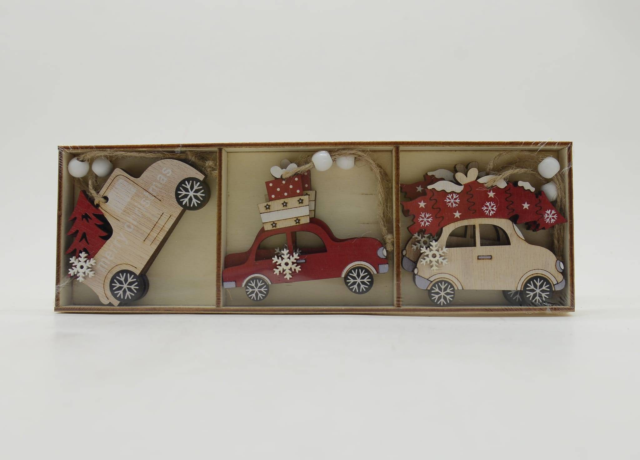 Assortiment de 12 suspensions décoratives de Noël - voiture rouge en bois - ECLOZ