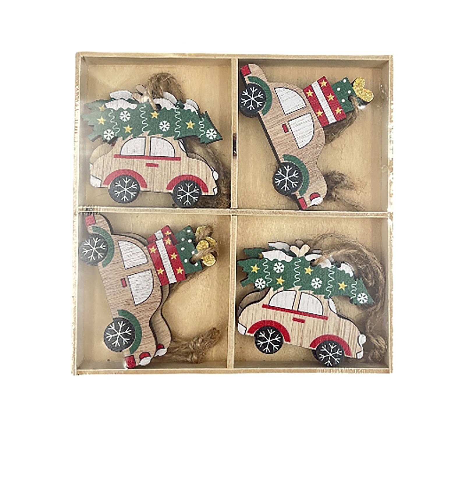 Ecloz - Boîte de 8 suspensions décoratives de Noël - voitures en bois - ECLOZ - Image 1