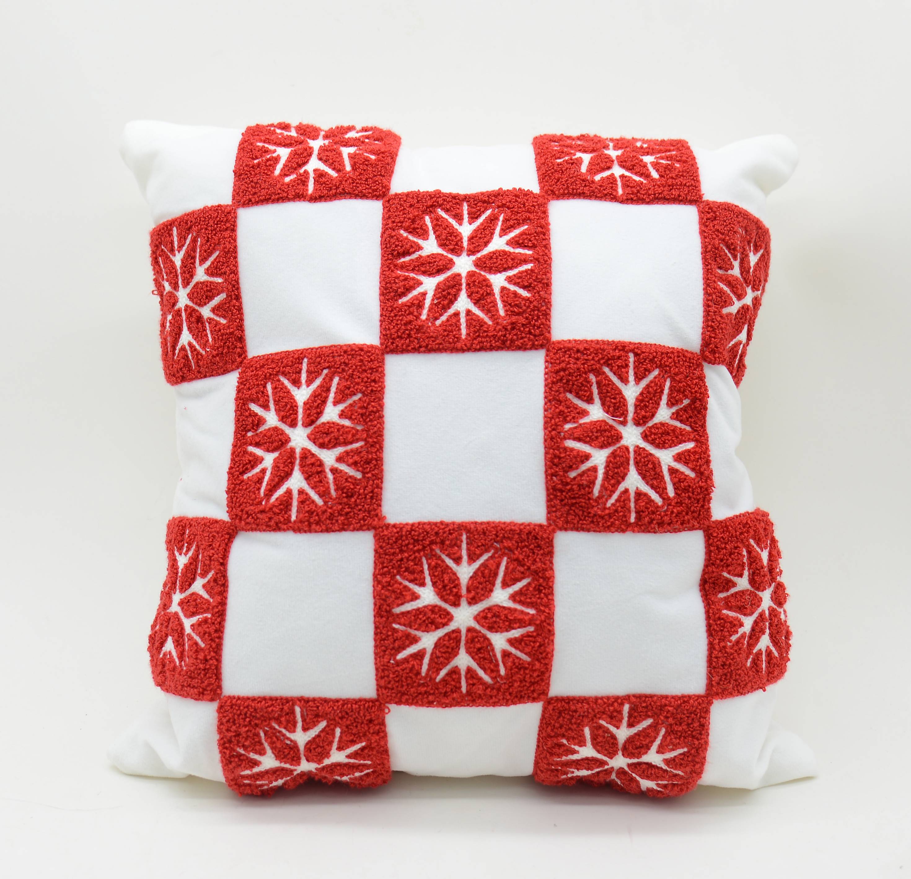 Ecloz - Coussin blanc à damier rouge motif flocon - ECLOZ