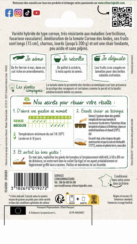 Vilmorin - Tomate Cornabel F1 serie 3 sachet graines 0,1 g - Vilmorin - Image 2