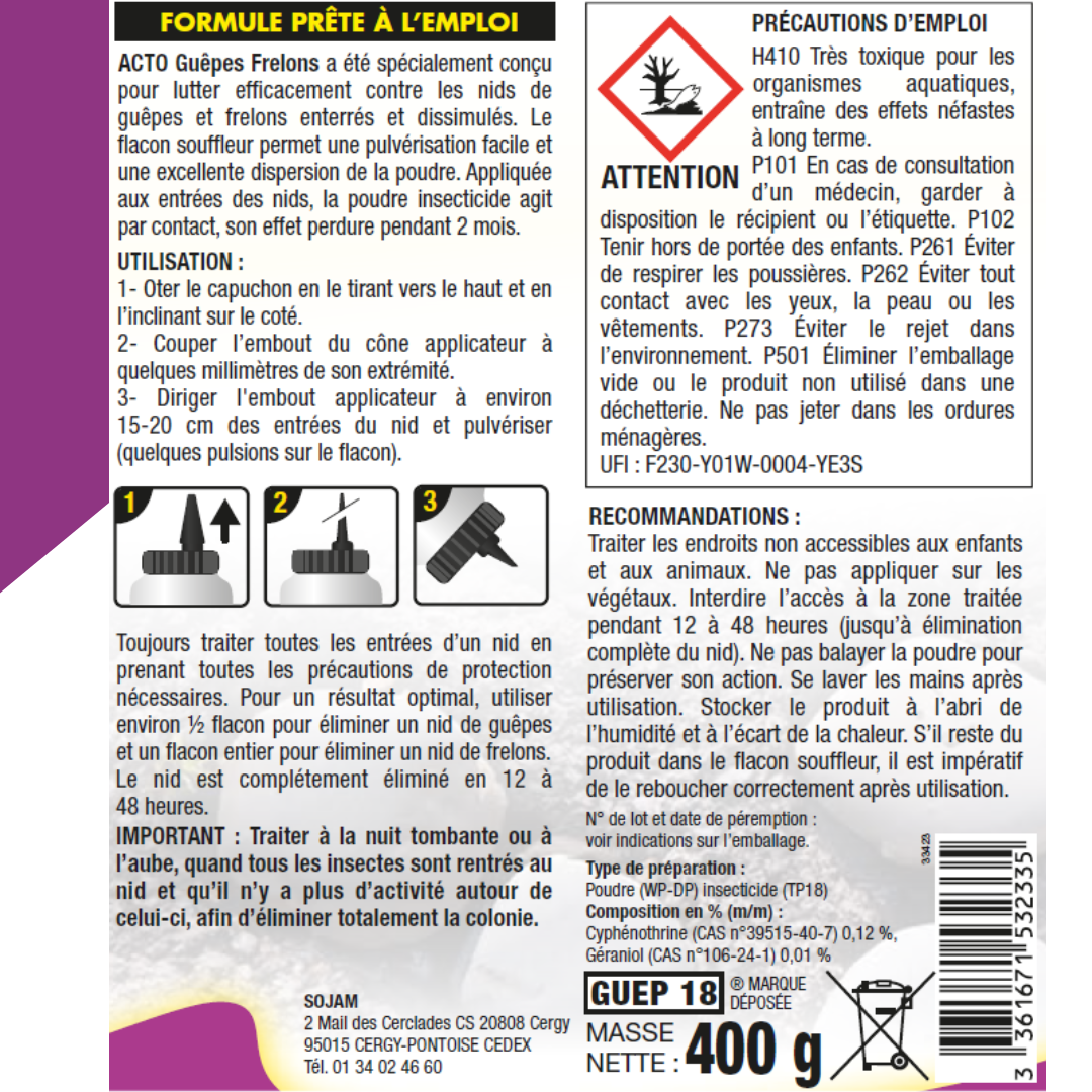 Acto - POUDRE NIDS DE GUÊPES - FRELONS ENTERRES - Flacon souffleur 400 g - Image 2